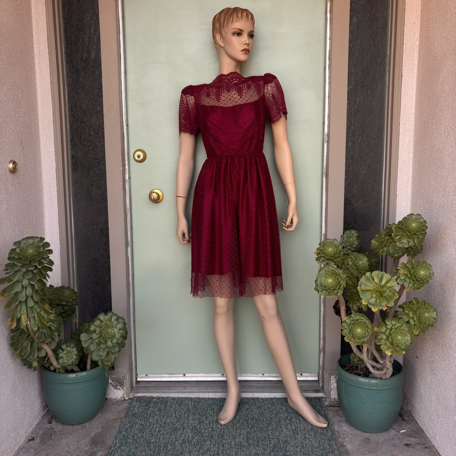 Vintage Burgundy Wine Lace Formal Dress Prom Wedding