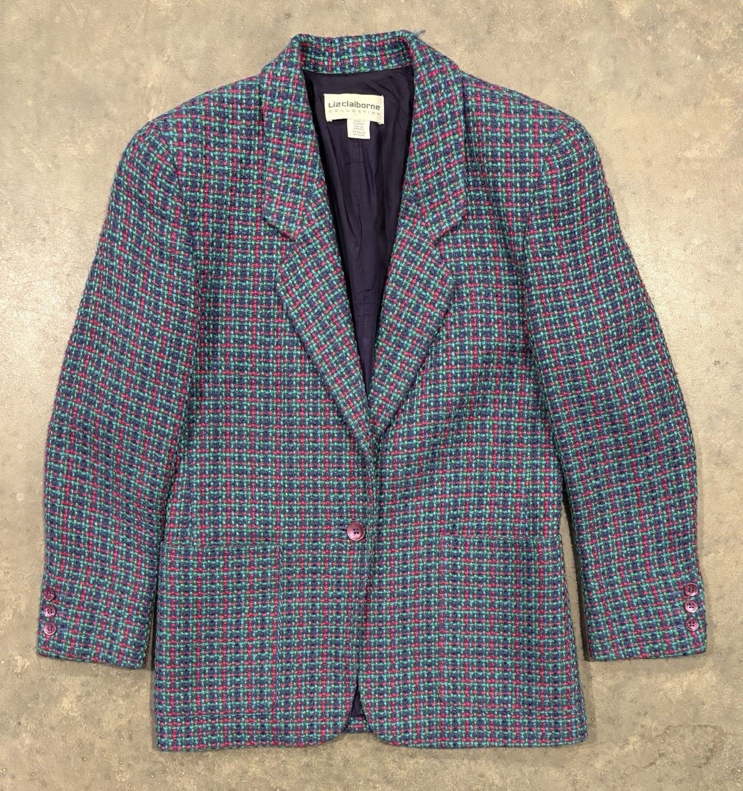 Vintage Liz Claiborne Collection Tweed Blazer Wool Blend Sz 4 Blue Pink 90s