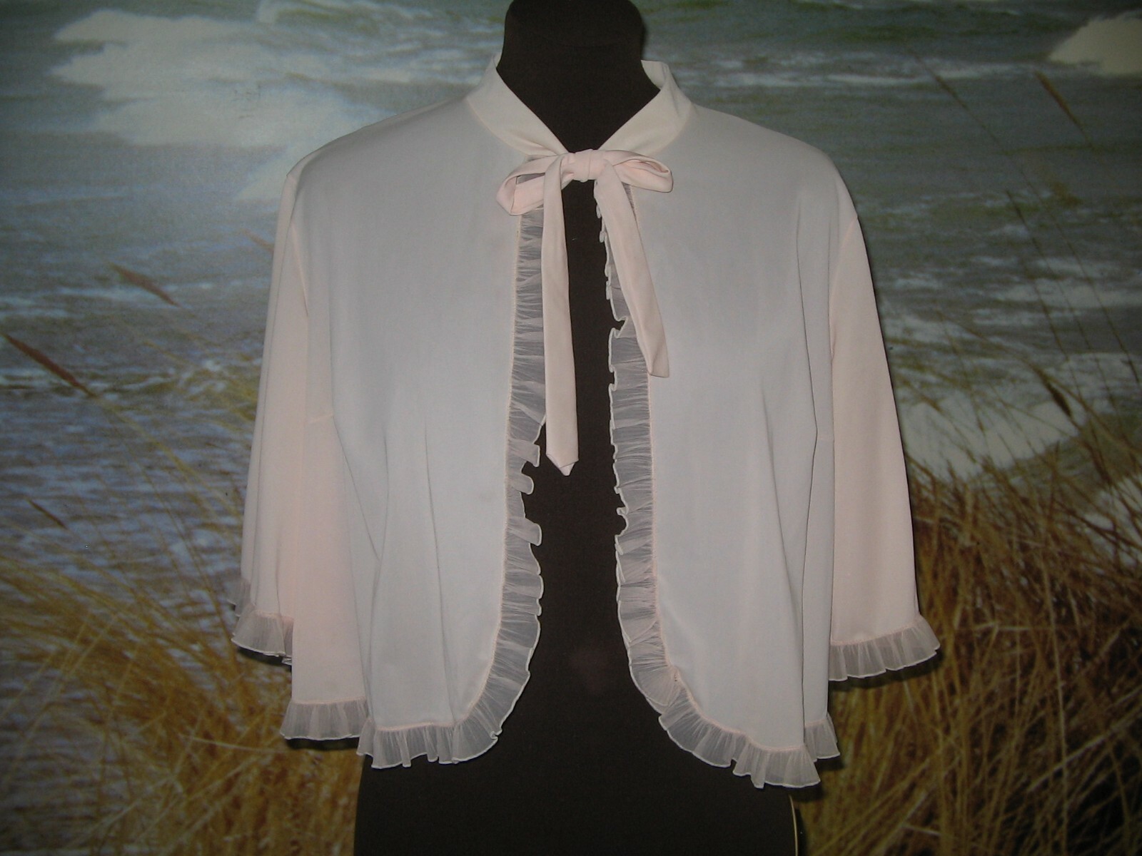Vintage Vanity Fair Bed Jacket Large Nylon Peachy Pink Pleated Ruffle Sissy MCM