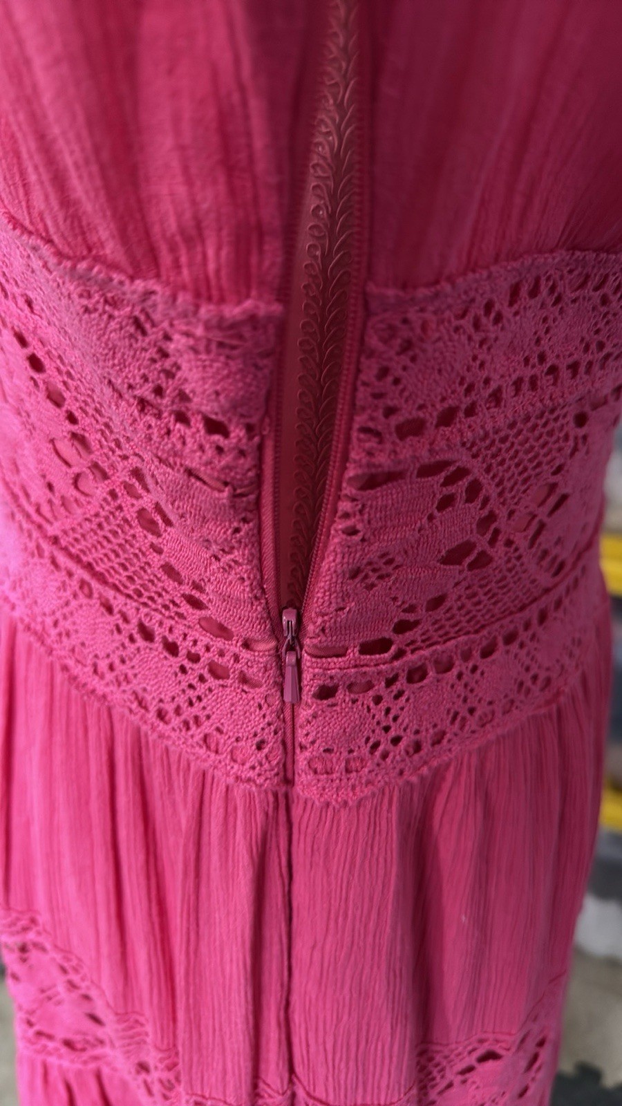 Vintage 80s Nieman Marcus Hot Pink Mexican Wedding Maxi Dress Boho M Lace Bell