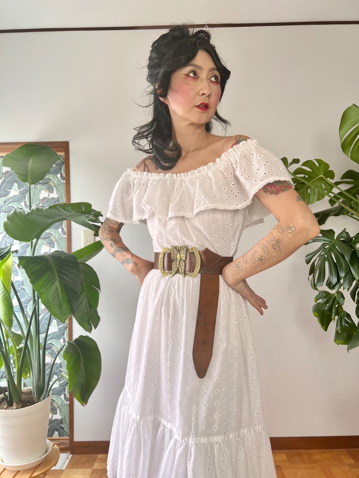 VTG 70s Lanz White Eyelet Lace Off Shoulder Ruffle Cotton Midi Prairie Dress S