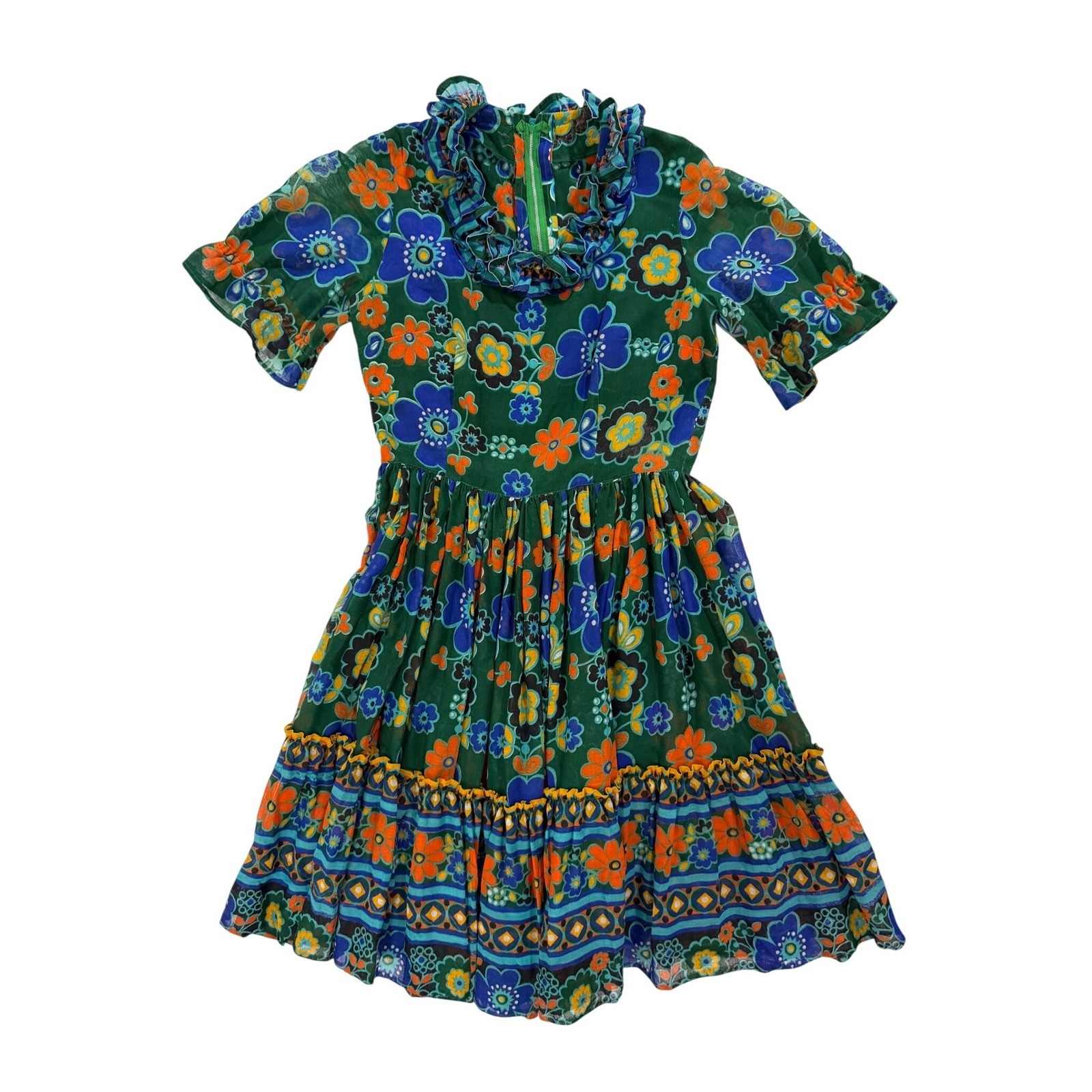 Vintage 70s Floral Prairie Dress Green Blue Orange Ruffle Neck Boho S