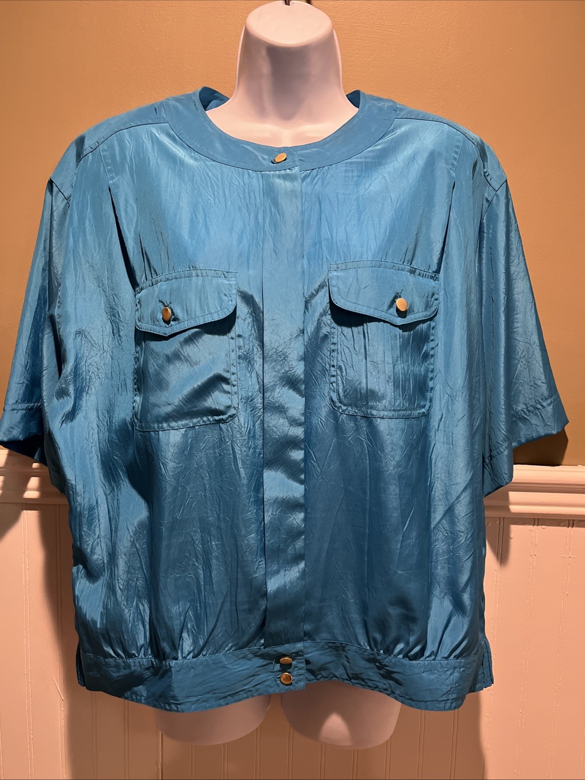 Vtg Josephine Women’s Blue Blouse 3/4 Sleeves 80s Retro Shoulder Pads Pockets