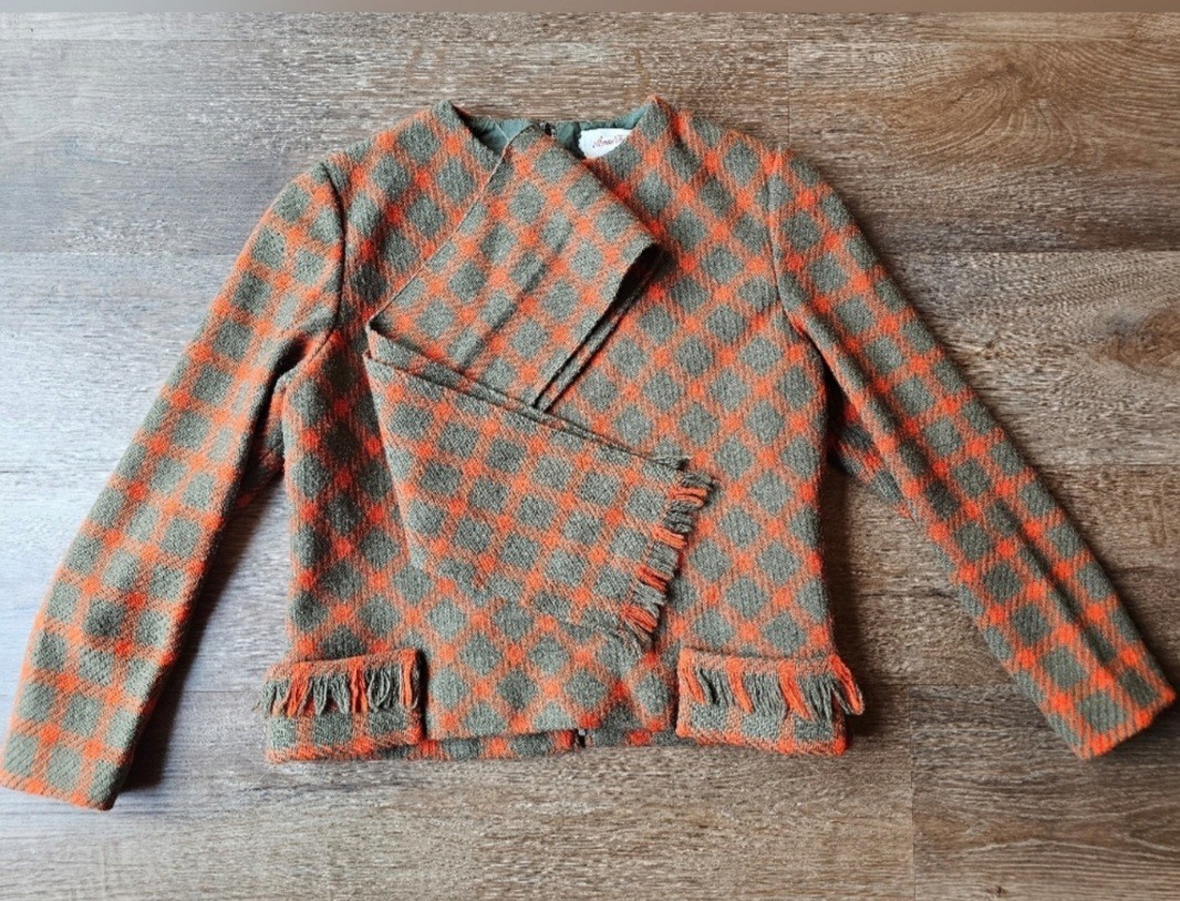 Vintage 1960s Anne Fogarty Wool Brown/Orange Plaid Zip Up Top, Scarf, fringe