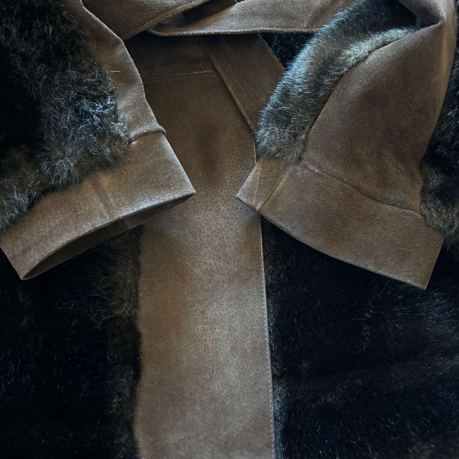 Vintage Rosewin Tissavel Brown Faux Fur Suede Belted Mid Coat Jacket Womens M L