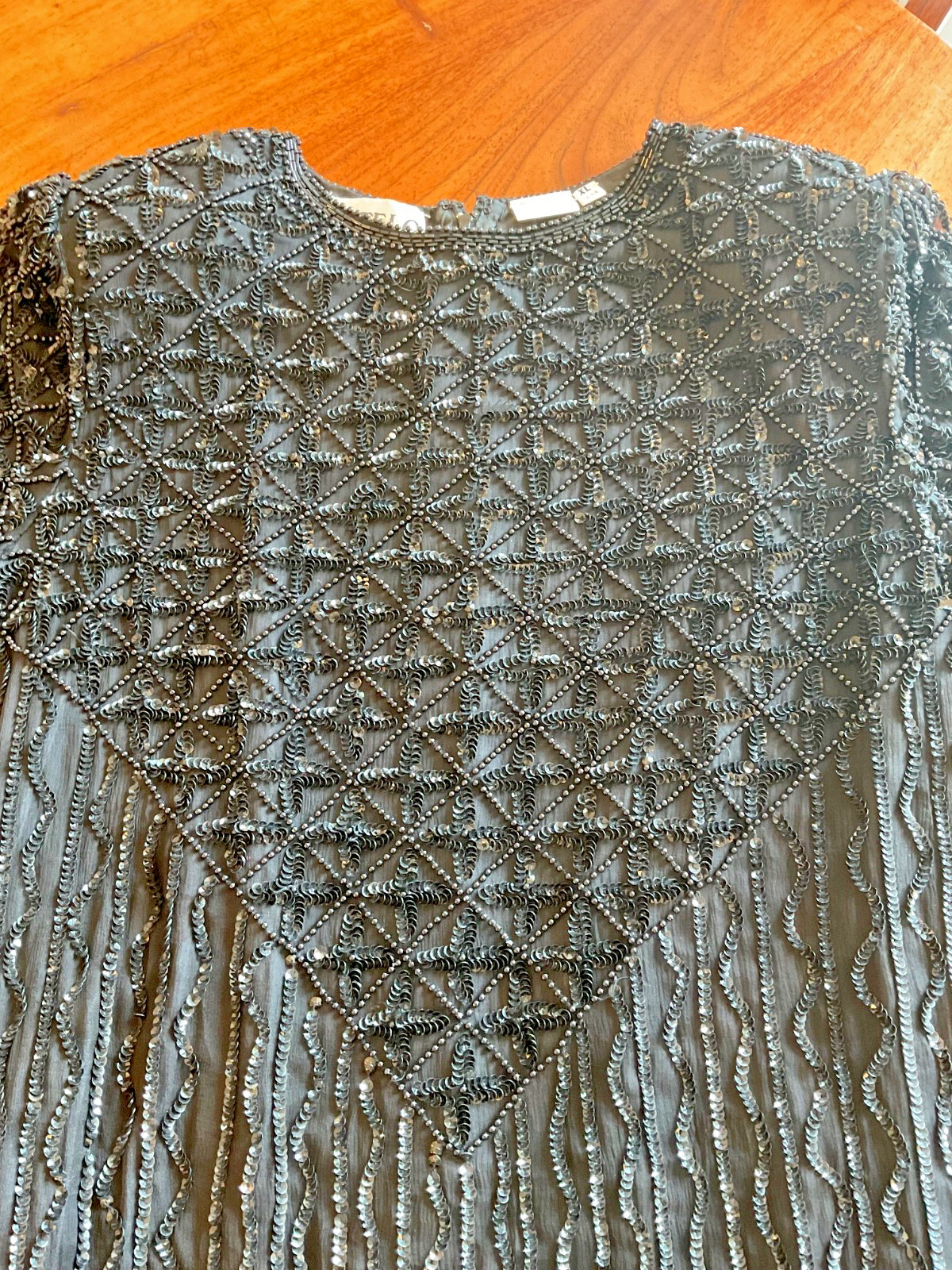 Vintage 1980s Sweelo Beaded & Sequined 100% Silk Cocktail Dress Size XL 12-14