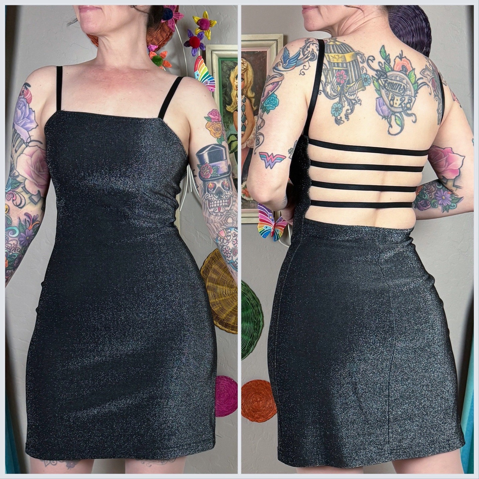 Vintage 1980s Silver Lurex Open Strappy Back Bodycon Minidress | XS/S