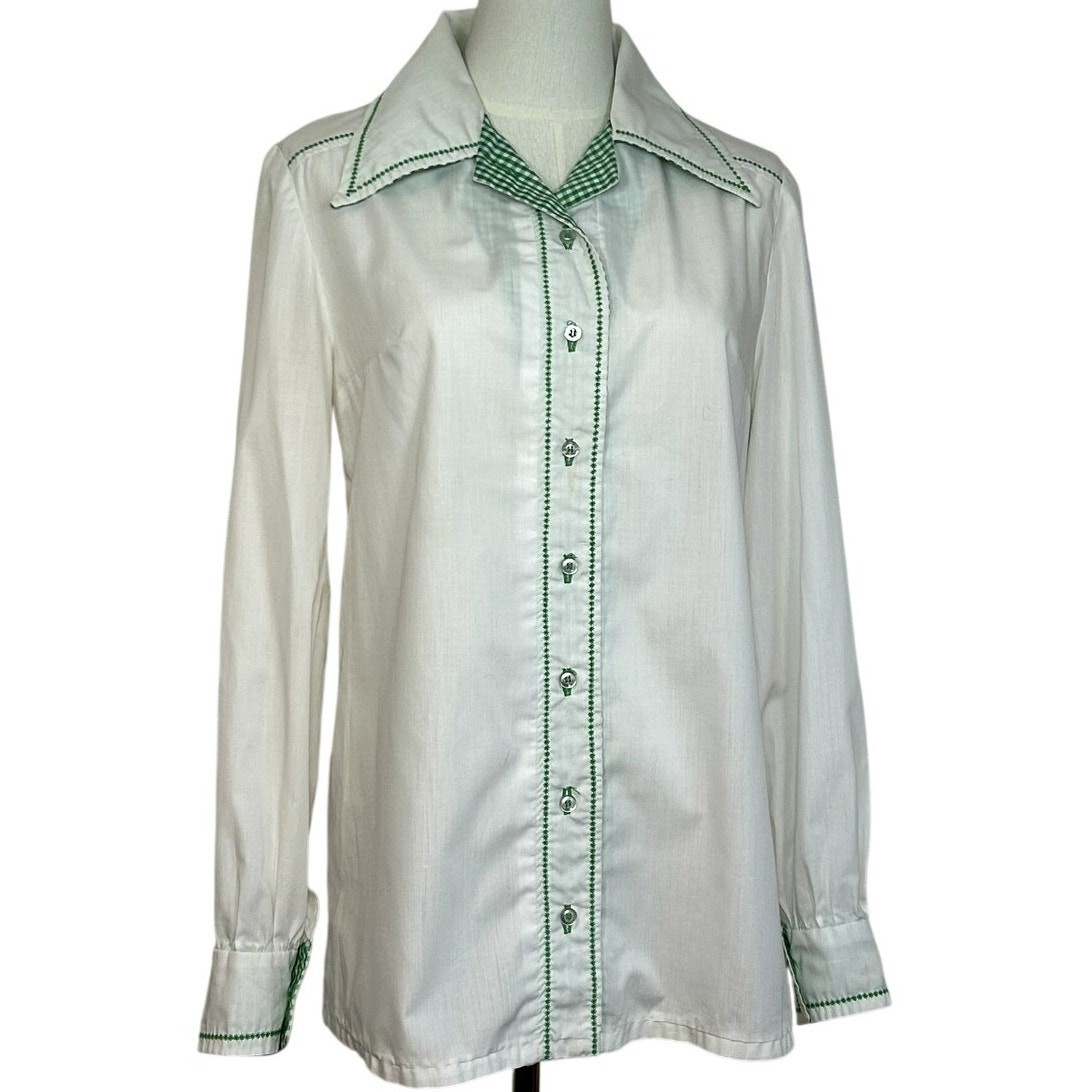 VTG 70s White Shamrock M Embroidery Gingham St. Patrick’s Day Top Twee Retro
