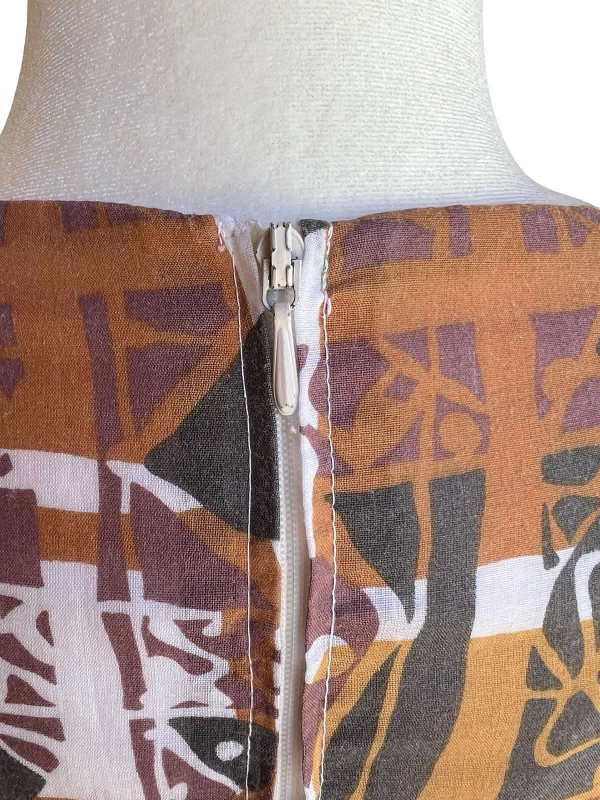 VTG 60-70s Handmade Mod Abstract Tiki Print Empire-Waist Maxi Dress Lined Retro