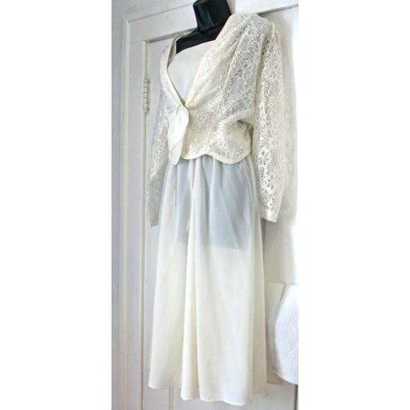 80s Dress Sz 12 L Vintage Ivory Semi Sheer Flared Skirt &Jacket, ck measurement