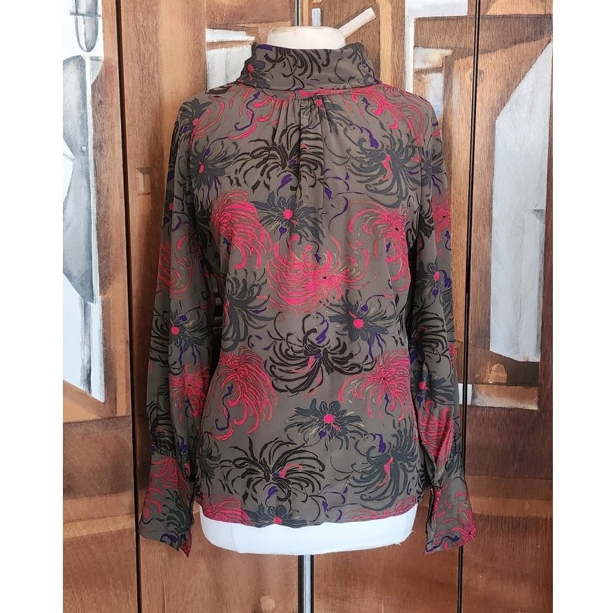 Vintage 80s CHLOE LAGERFELD Blouse Dark Floral Silk Blouse Long Sleeve Large