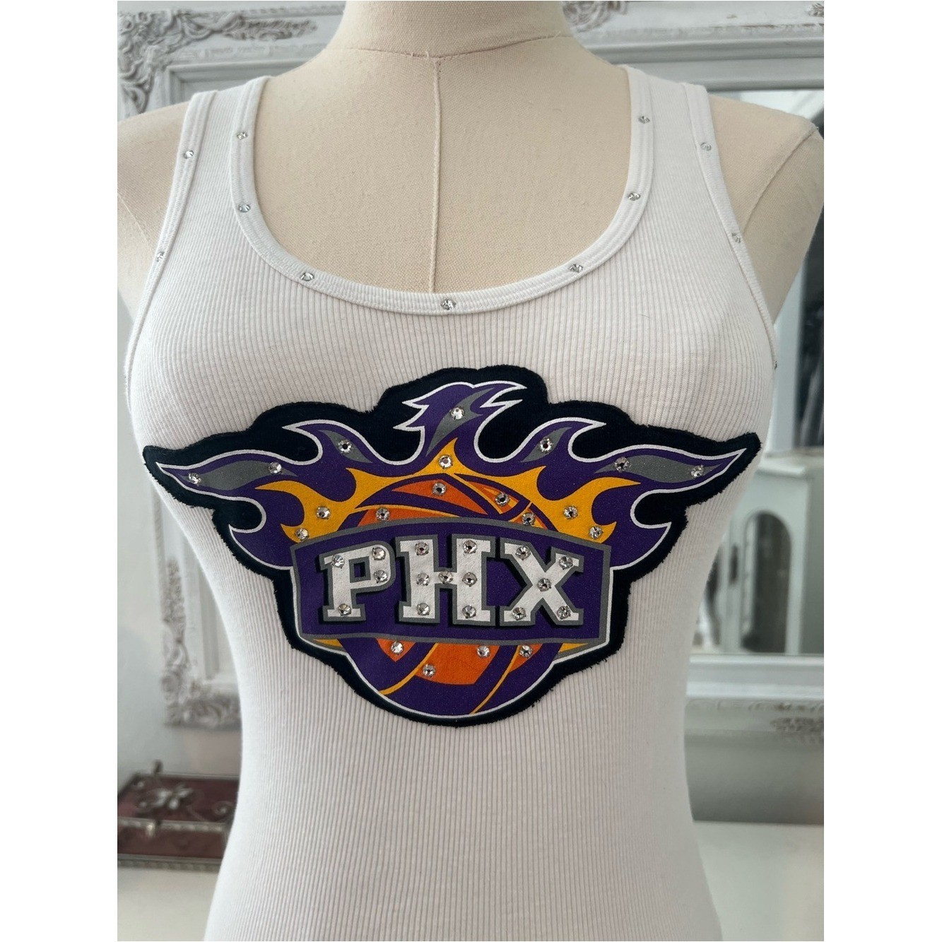 vintage y2k phoenix suns white tank top with rhinestone trim