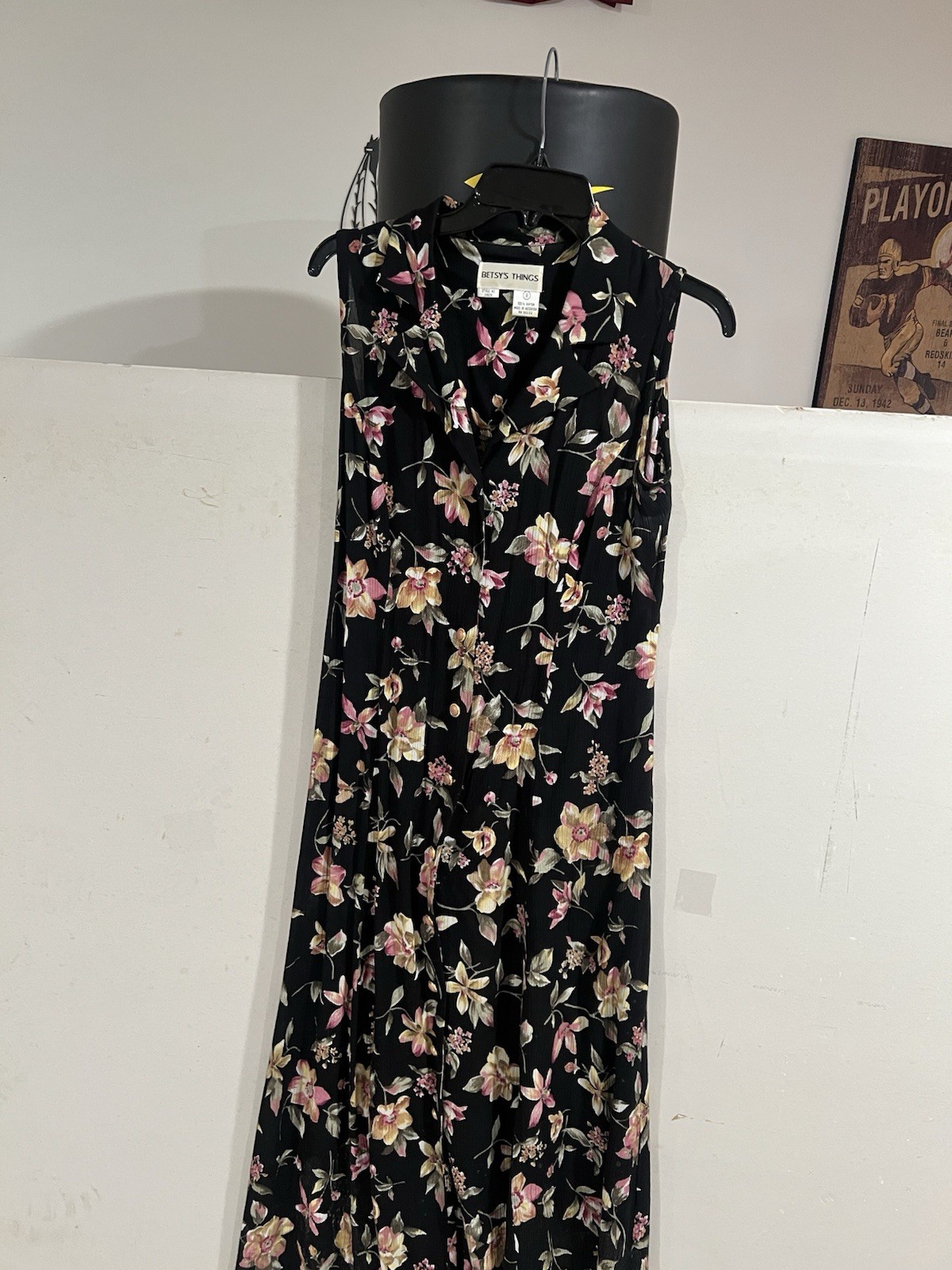 Vintage Maxi dress , Betsy’s Things , size 8 , black floral , buttons front/back