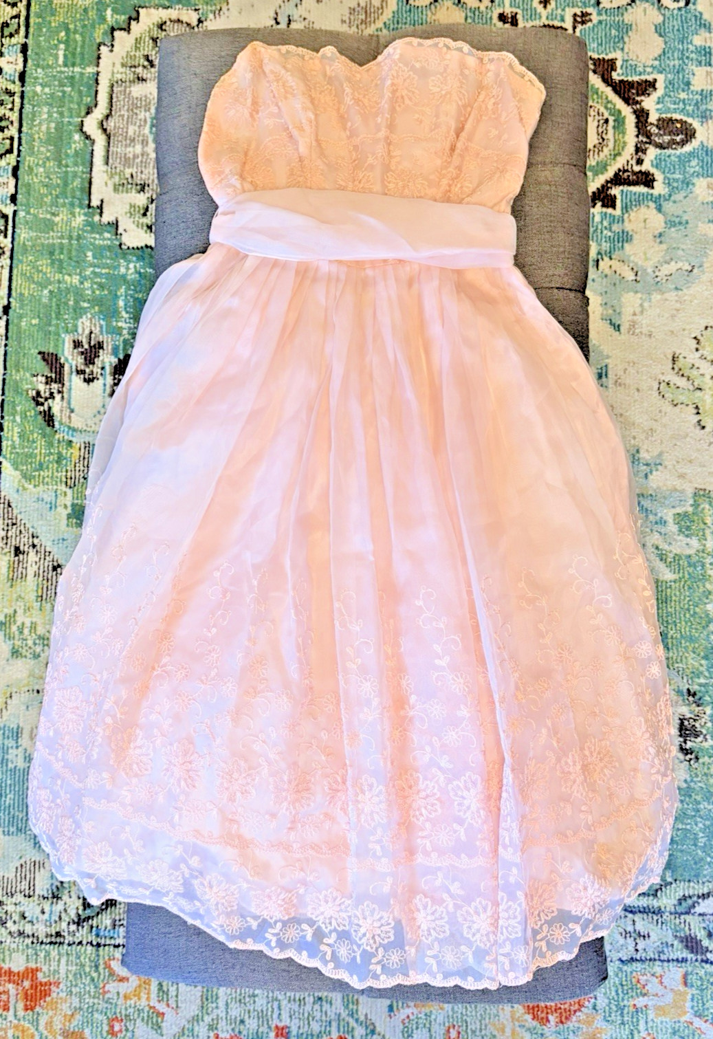 Beautiful Baby Pink 1950s Prom Wedding Dress Embroidered Sheer Tulle Handmade
