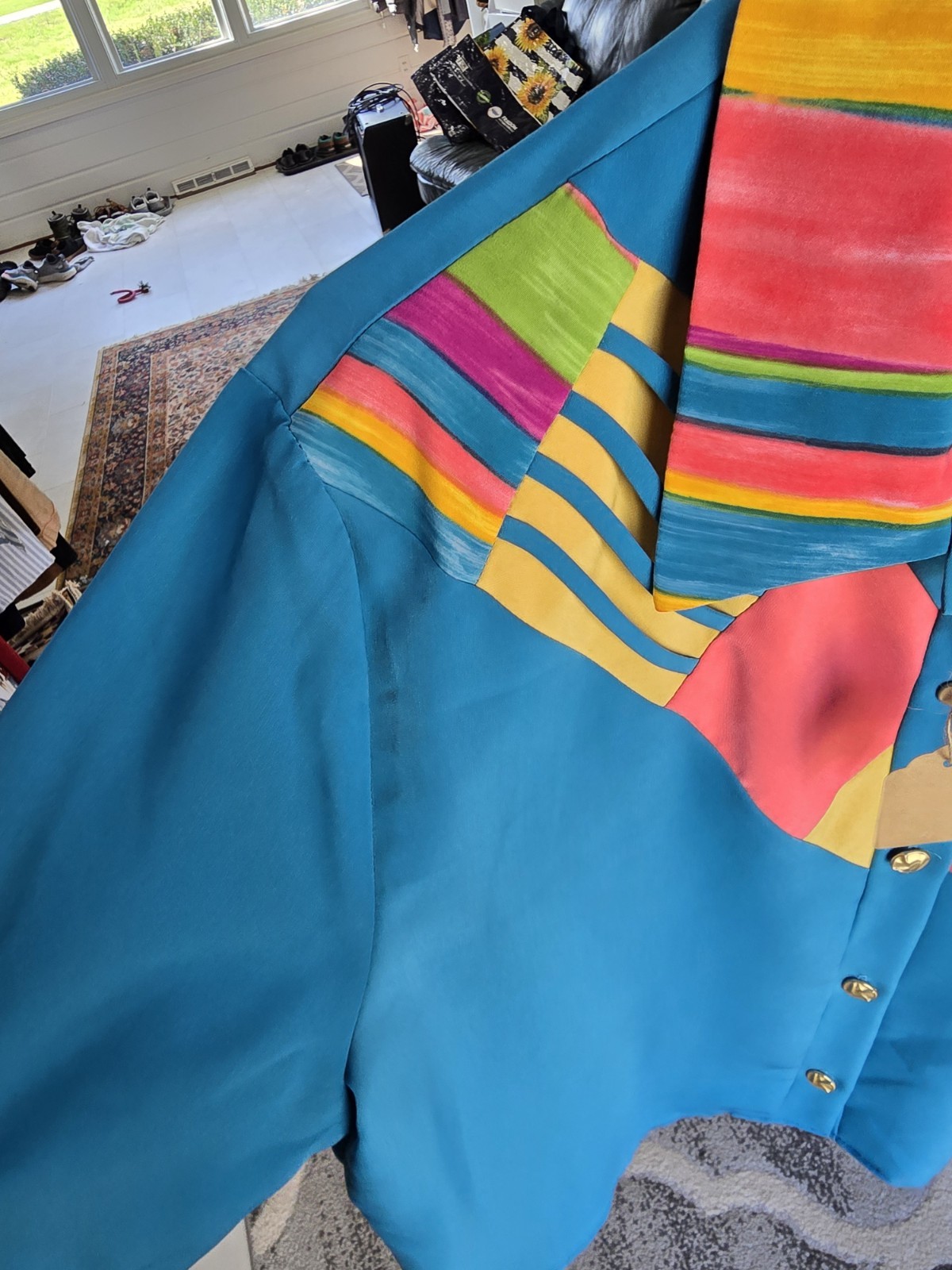 Jo Hardin 80’s Inspired Multicolor Silky Shirt with Metal Buttons
