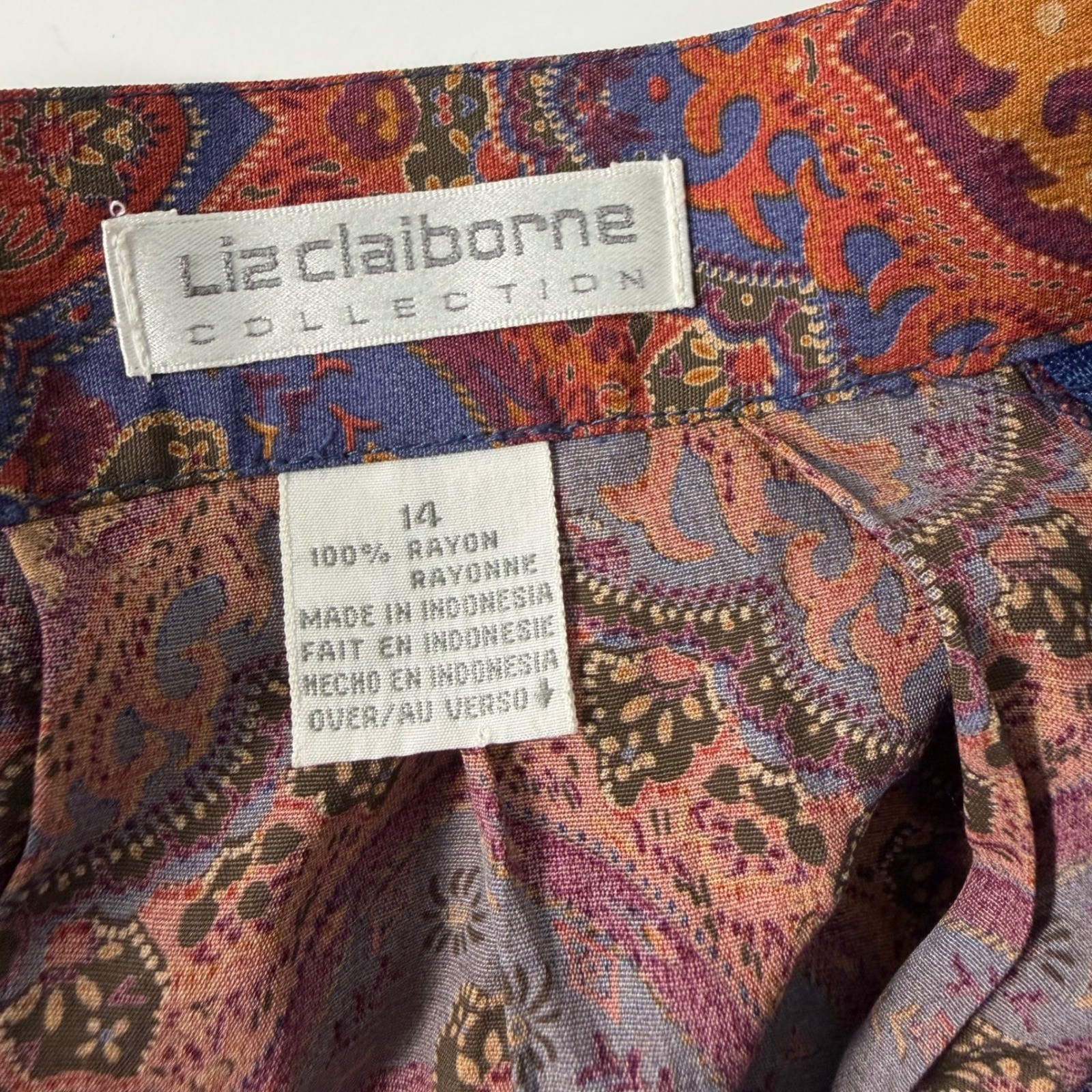 Vintage Liz Claiborne Collection Paisley Rayon Midi Skirt Blue Orange Size 14