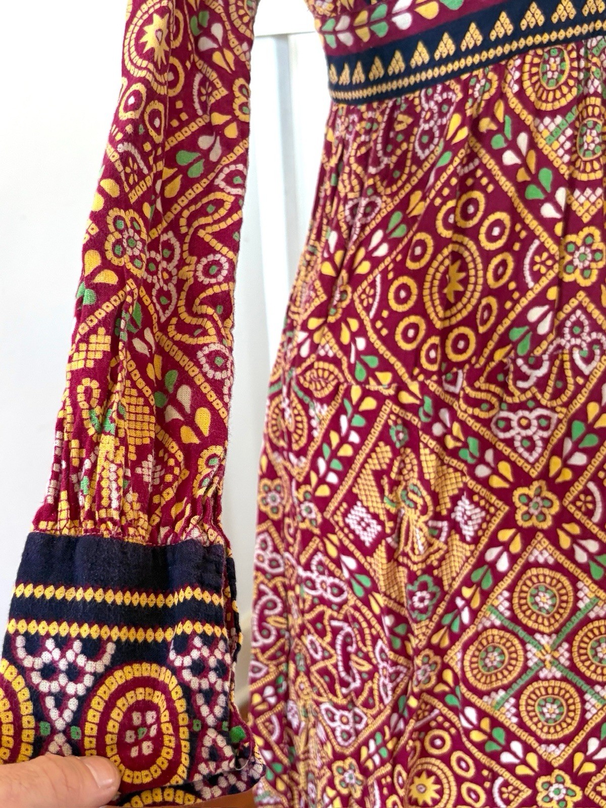 60s 70s Artisan Printed Pakistani Cotton Boho Hippie Empire Waist Maxi Dress XS