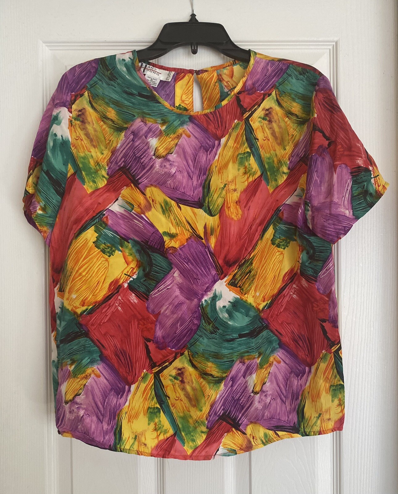 Vintage Hana Sung Studio 100% Silk Blouse Medium Multicolored Artsy Bold Career