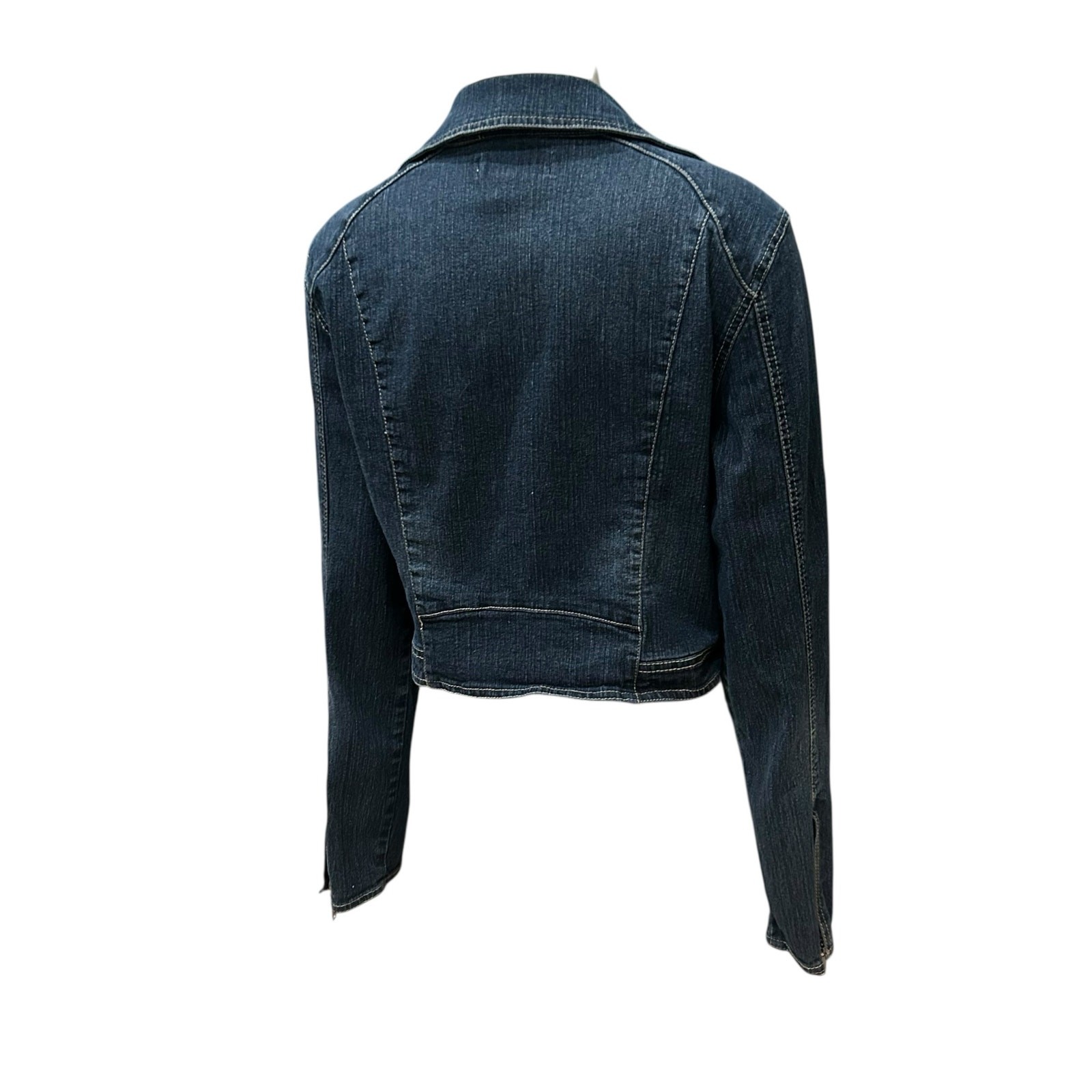 Y2K Cropped Denim Moto Jacket Asymmetrical Zip Front Stretch / Women’s Small ^