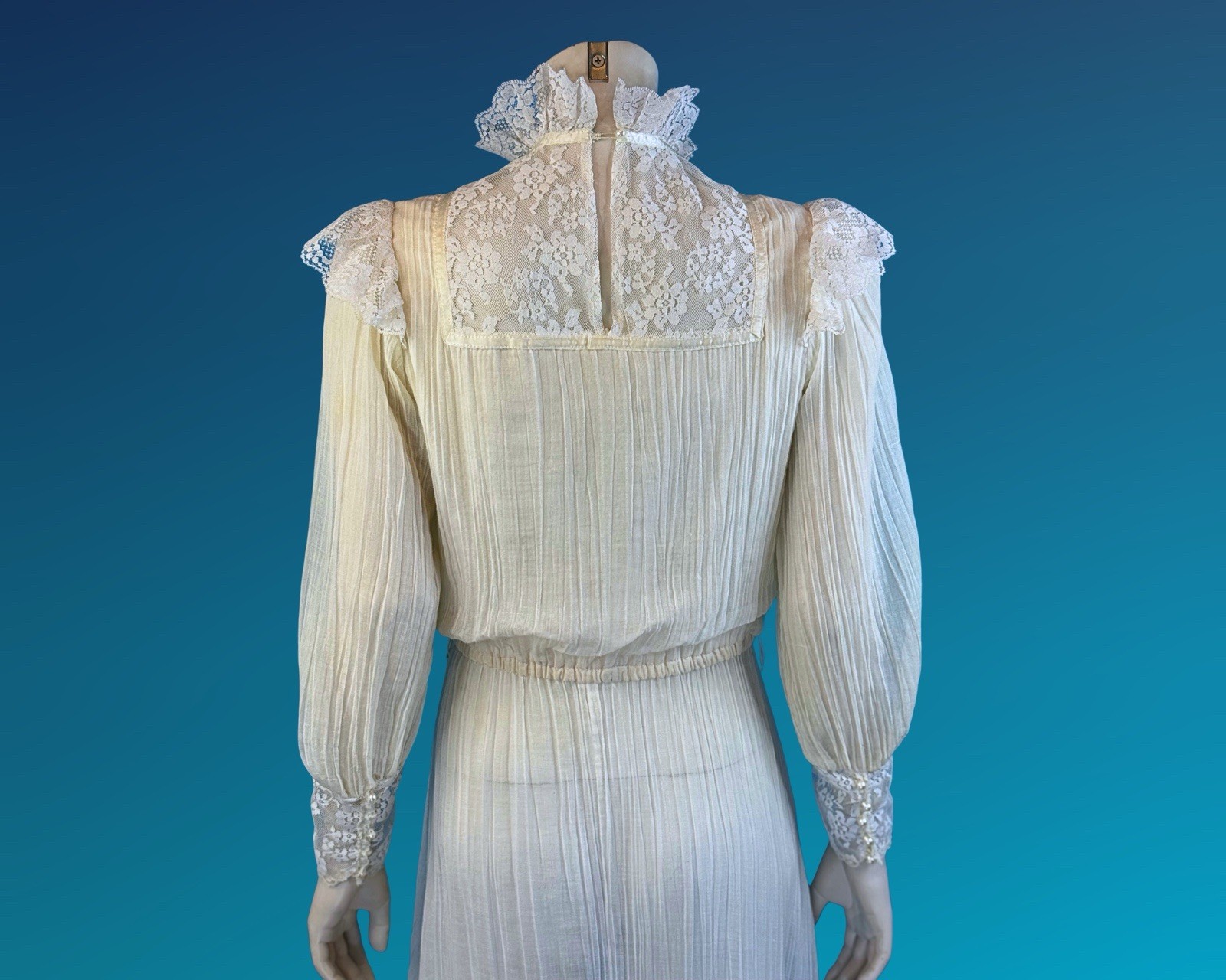 Vintage Romantic Victorian Revival Prairie Lace Crinkle Cotton Dress | S