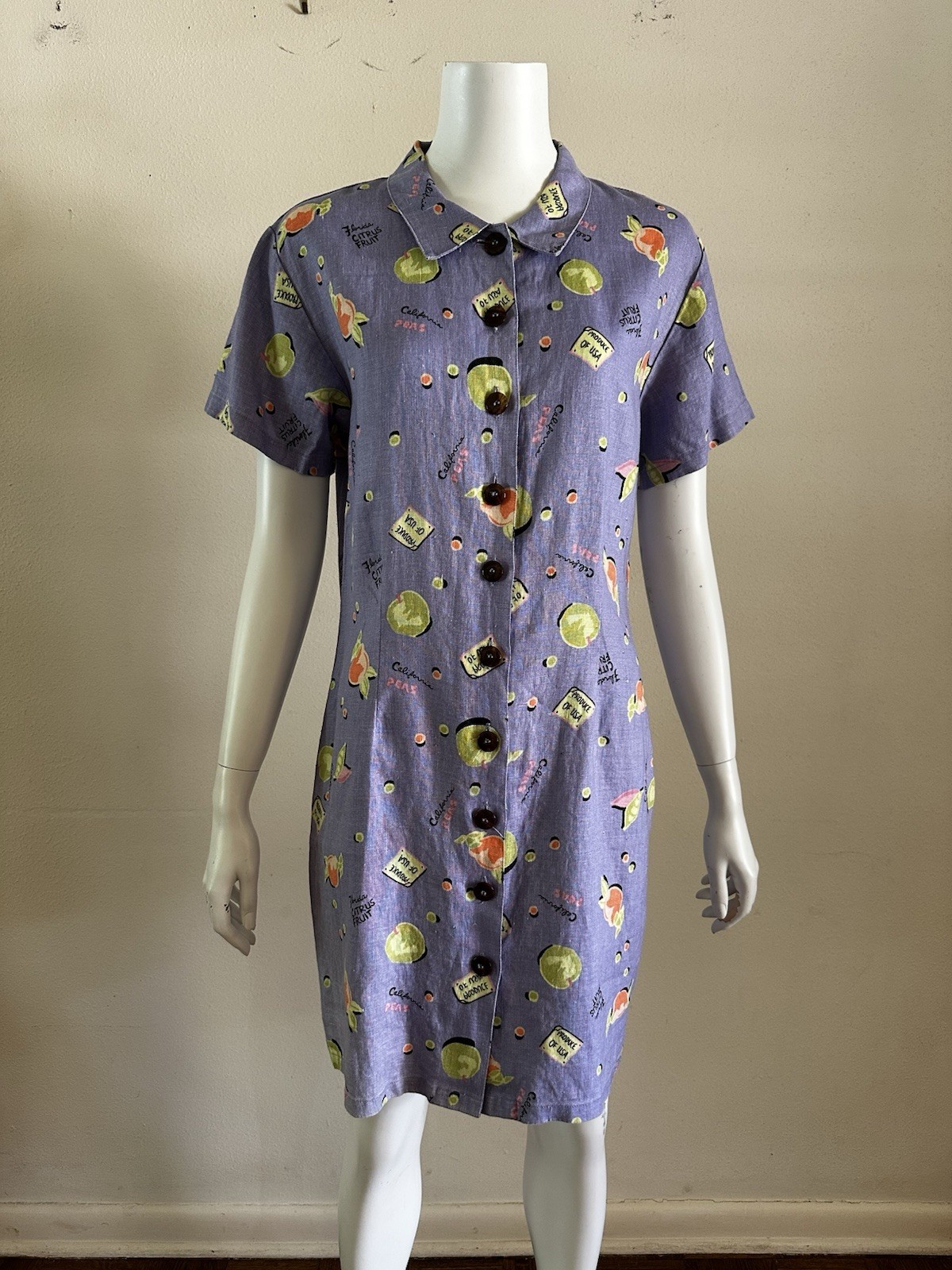 Vintage 90s Linen Novelty Citrus Fruit Shirt Dress Purple Button Front Kiko S M