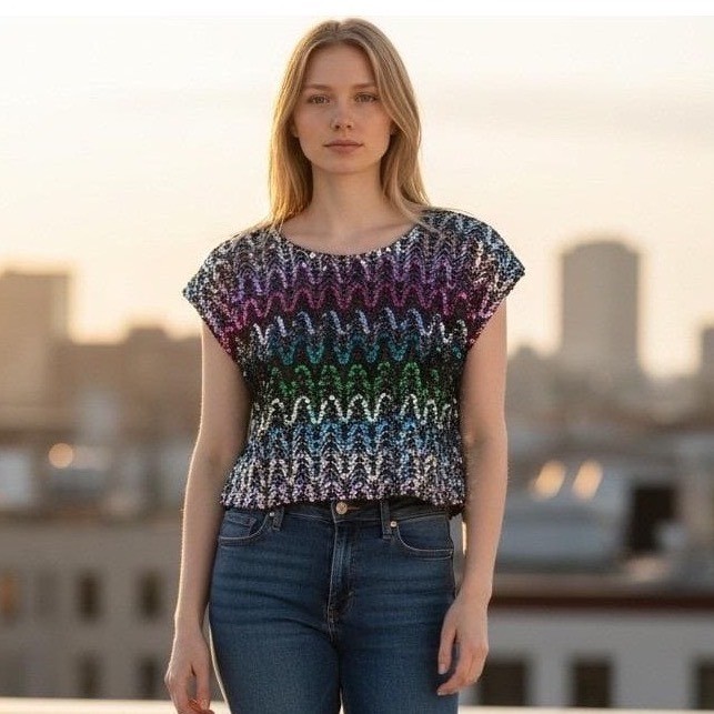 Caribou Vintage 80s Rainbow Sequin Chevron Crop Top Black Lurex Size 12 USA