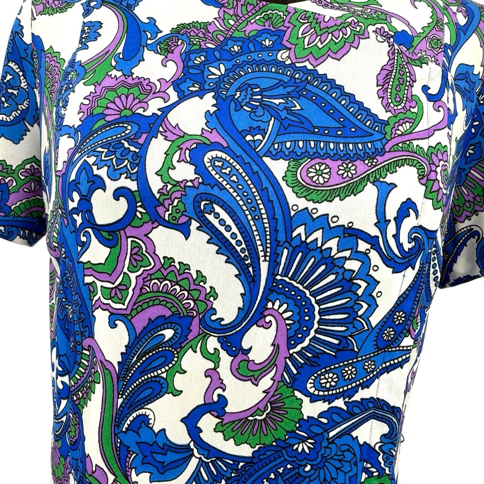 Shelton Stroller Dress Women 60s White Blue Paisley Print Flower Front Zip