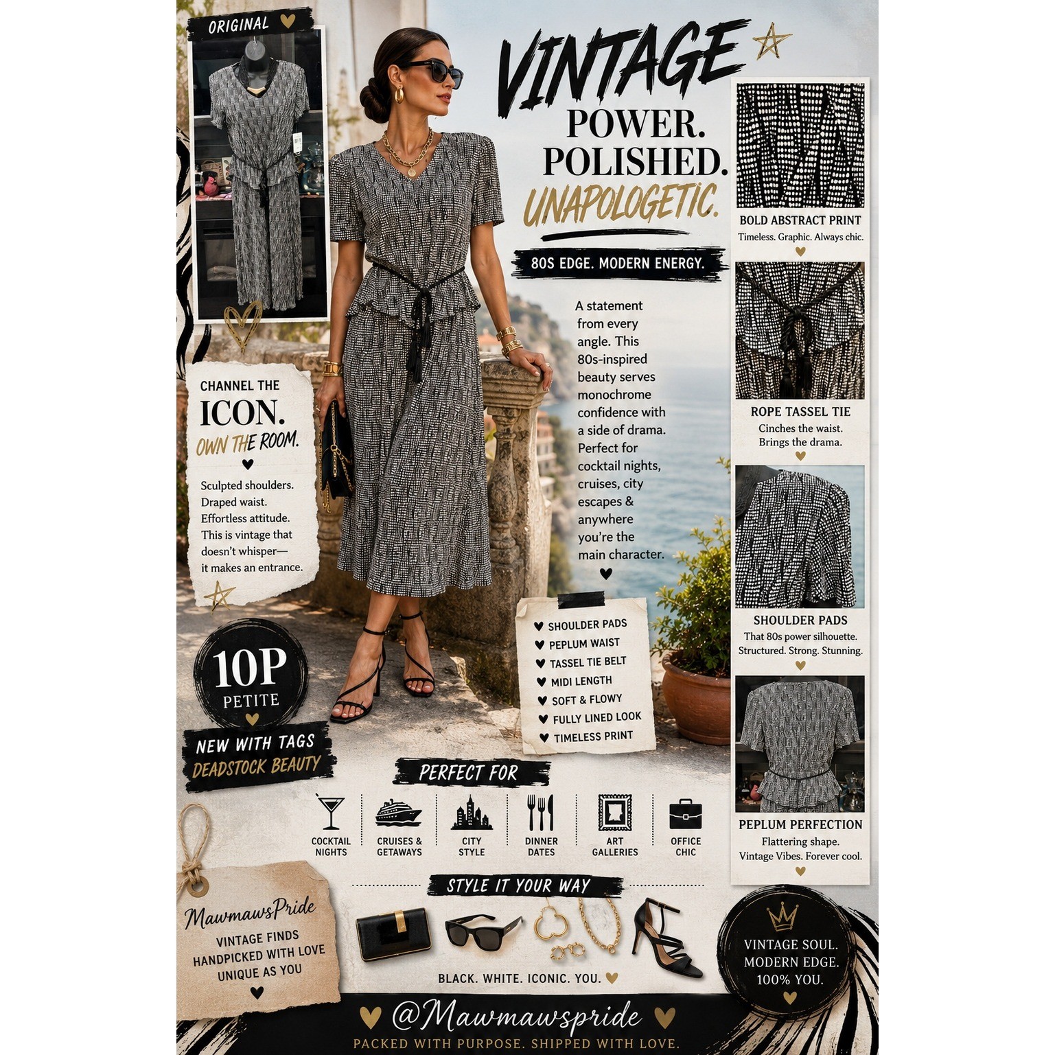 Studio Connection Vintage 80s Peplum Midi Dress Black White Dot Tassel boho 10P