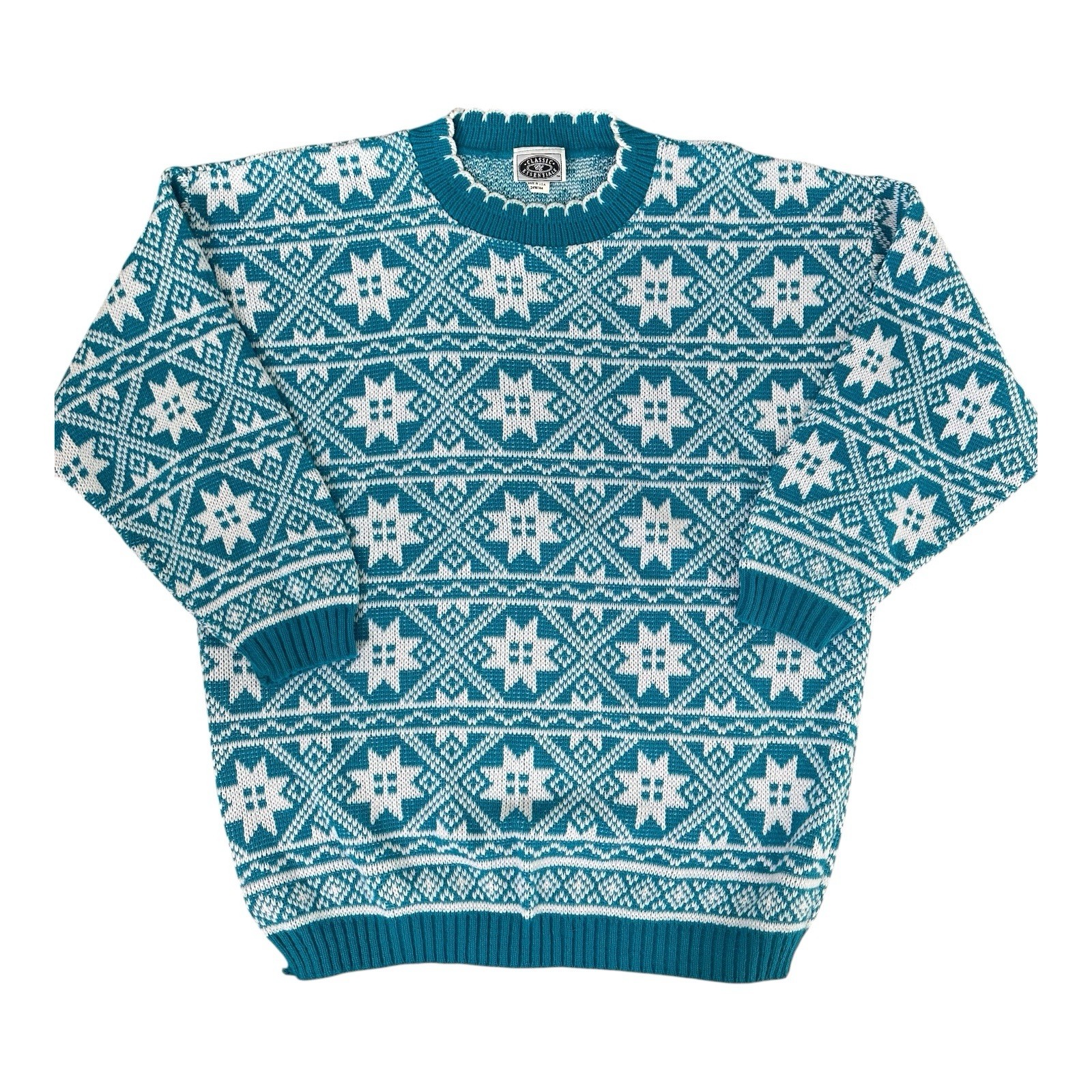 Vintage Classic Essentials Teal & White Snowflake Knit Ski Sweater USA 2XL PLUS