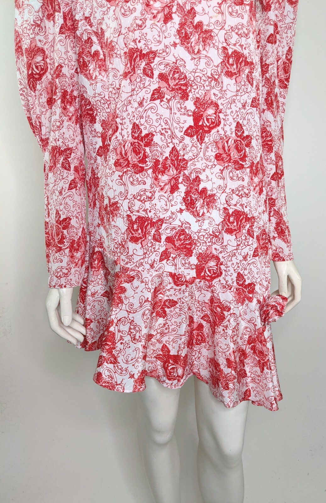 Vintage 80s Dress Womens 10 Long Top Retro Red White Shoulder Pads Puffy Sleeves