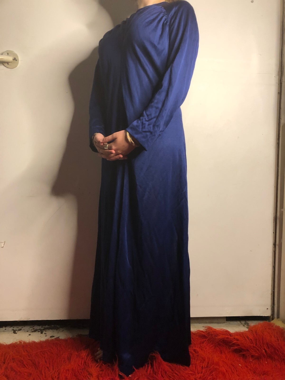 Vintage 1970s US Papillon Navy Blue Maxi Dress Polyester Grannycore AU 12 14 40″