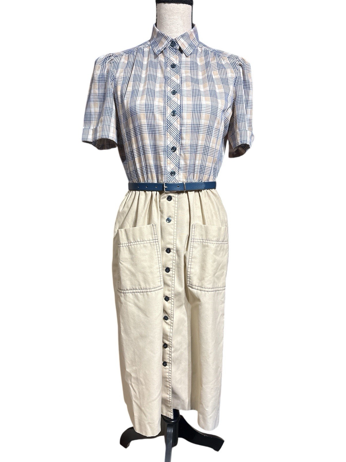 KAY WINDSOR Mod Vintage 60s Belted Dress Tan/Blue Check Housewife USA Union
