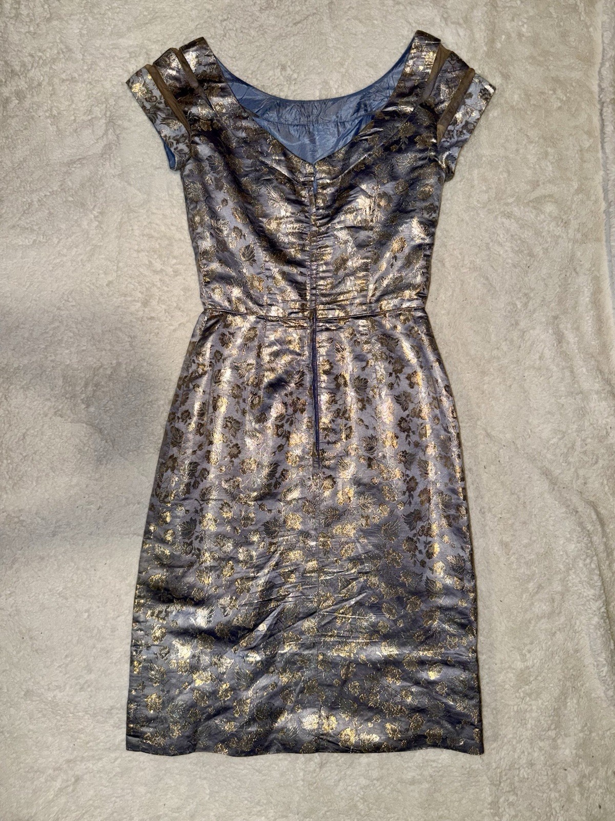 Vintage 1960s Peggy Hunt Silk Brocade Cocktail Dress 26” Waist Gold Floral