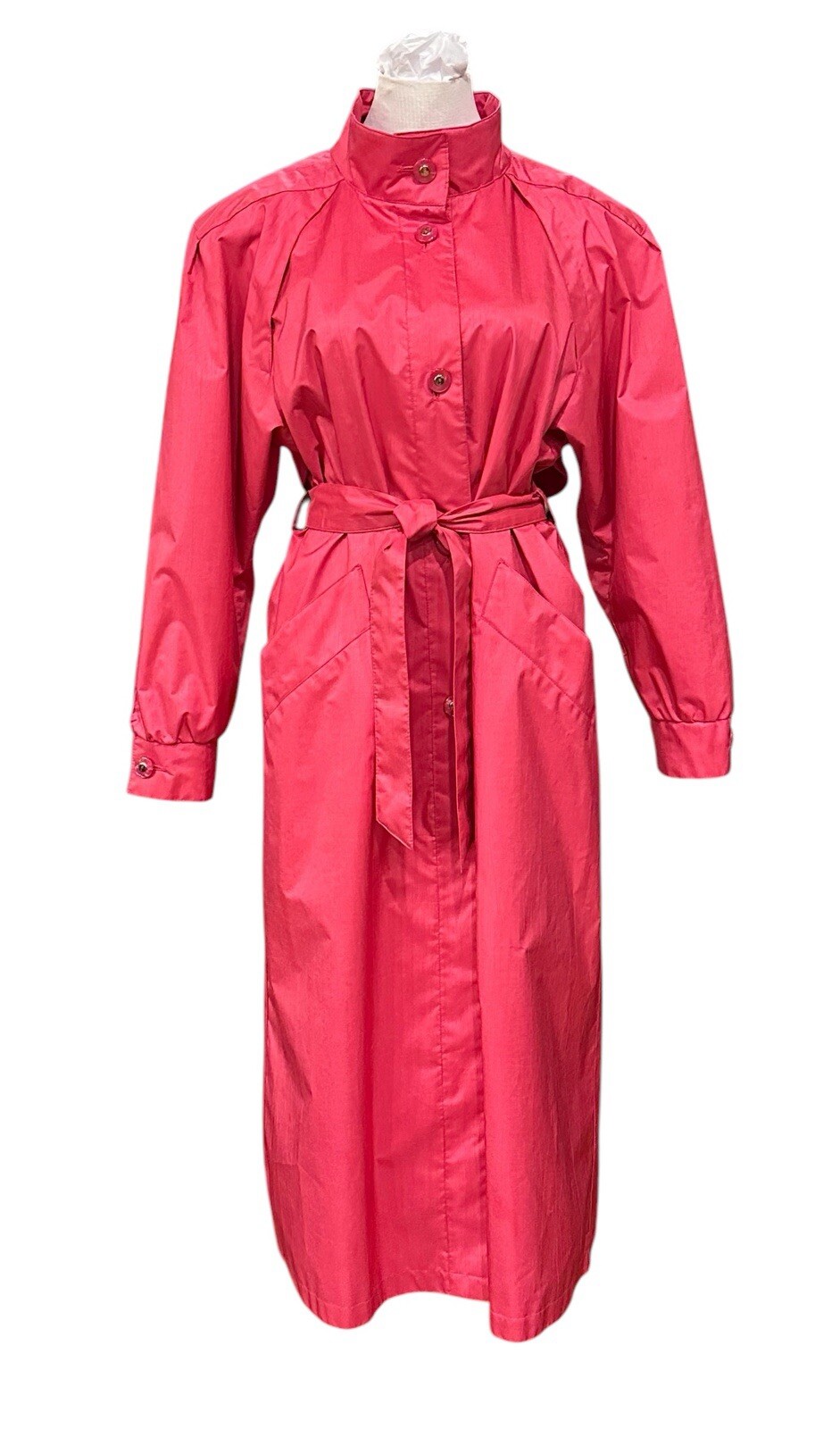 1980s J Gallery Women’s Trench Coat Watermelon Pink Belted Raincoat 11/12 Petite