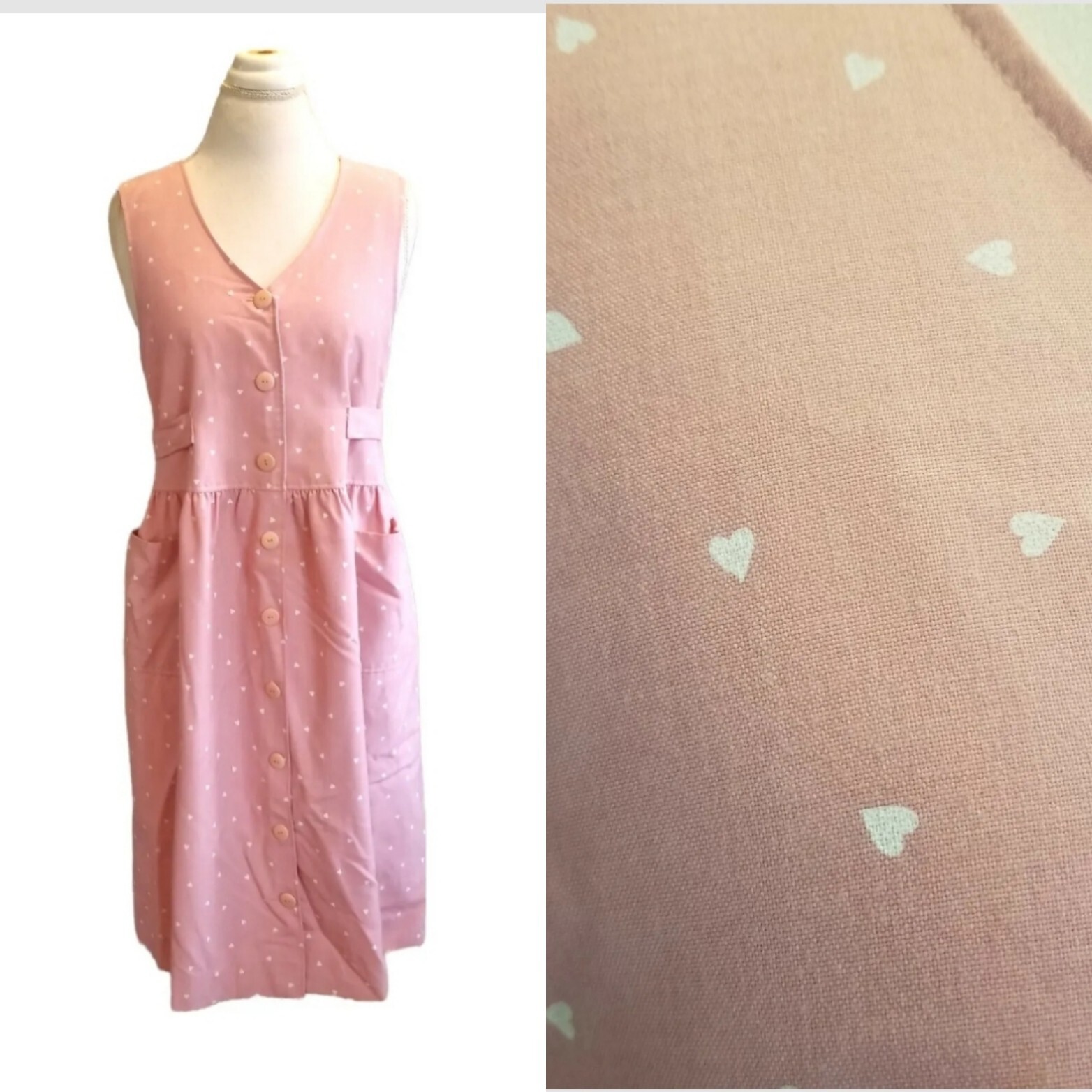 Vintage 90s Pastel Pink Heart Print Shirt Dress Belted Pockets Soft Girl Kawaii