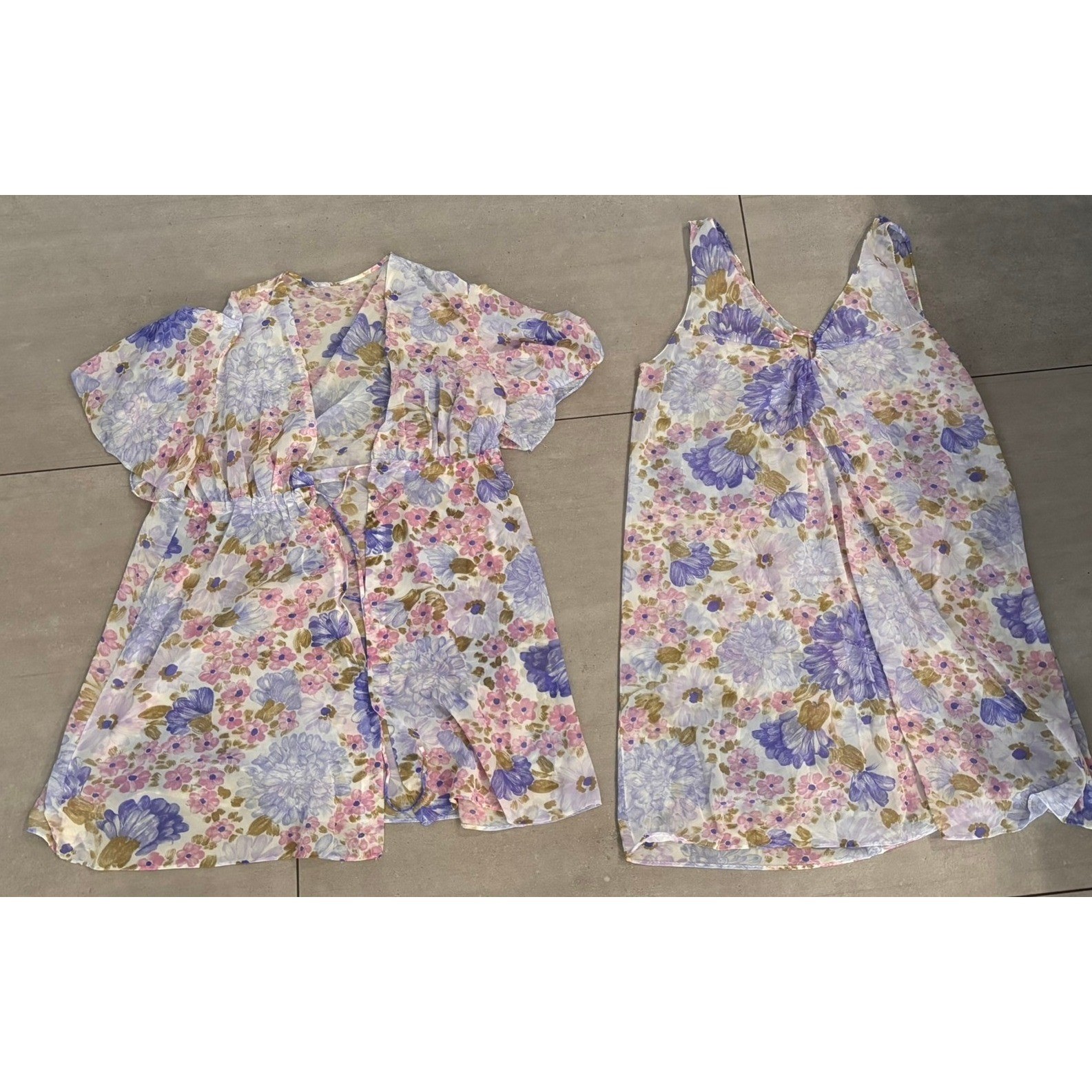 Vintage Van Raalte Floral Lingerie Set Purple Pink Sheer Nylon Gown Robe Small