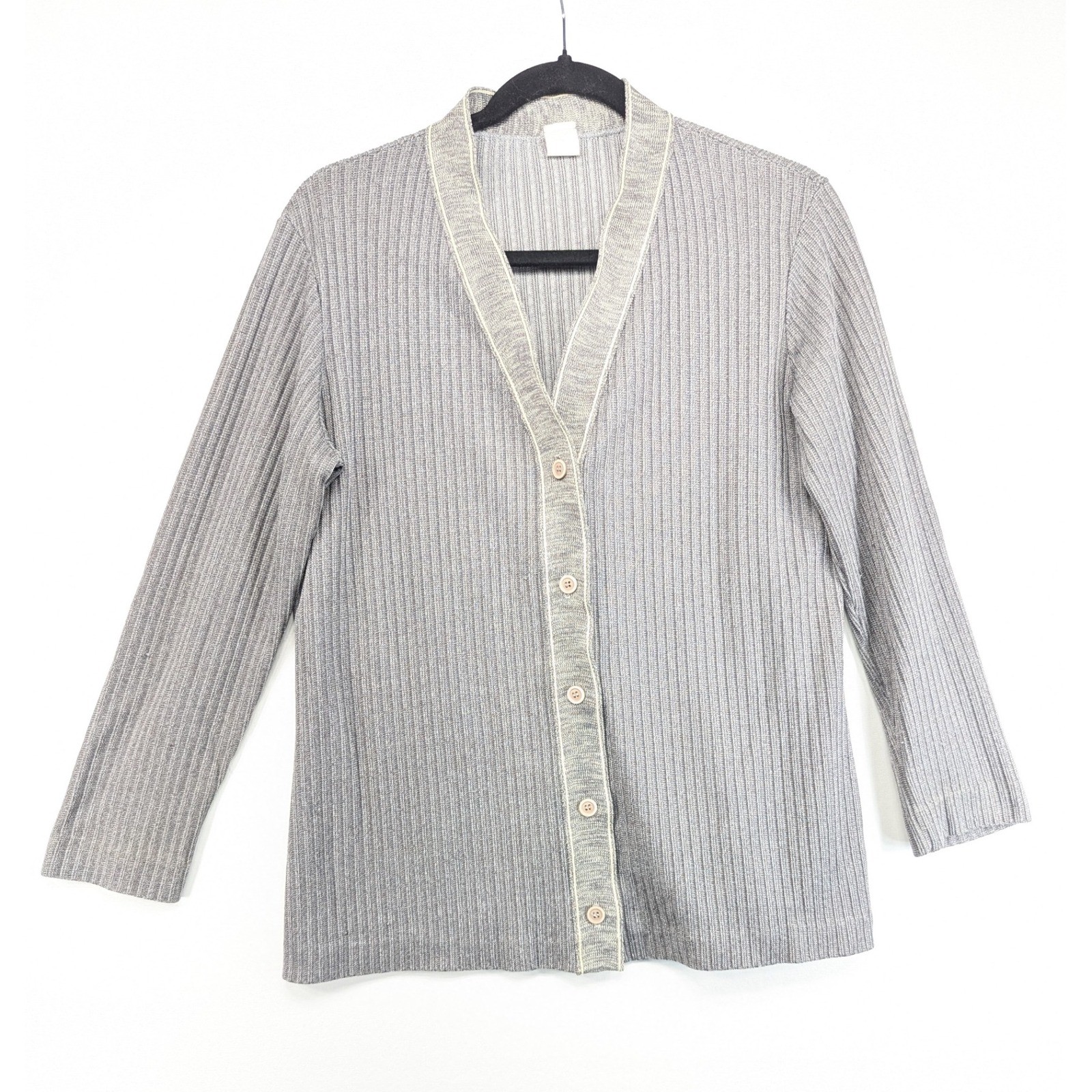 Vintage 70s Silver Ribbed Knit Cardigan Sweater Made in USA Grey Size 16