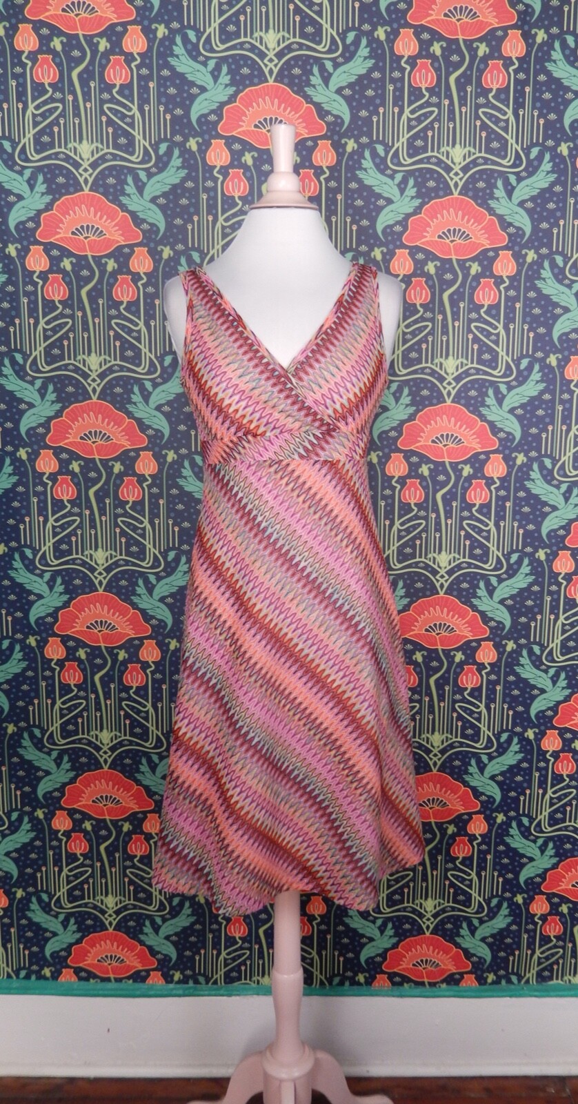 Vintage 90’s Y2K Pink Flamestitch Fit Flare Empire Waist Grunge Shift Dress XS