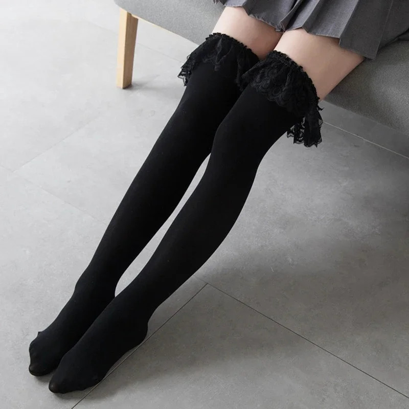 Thigh High Socks Frilly Lace Patchwork Over Knee Long Stockings Cosplay An