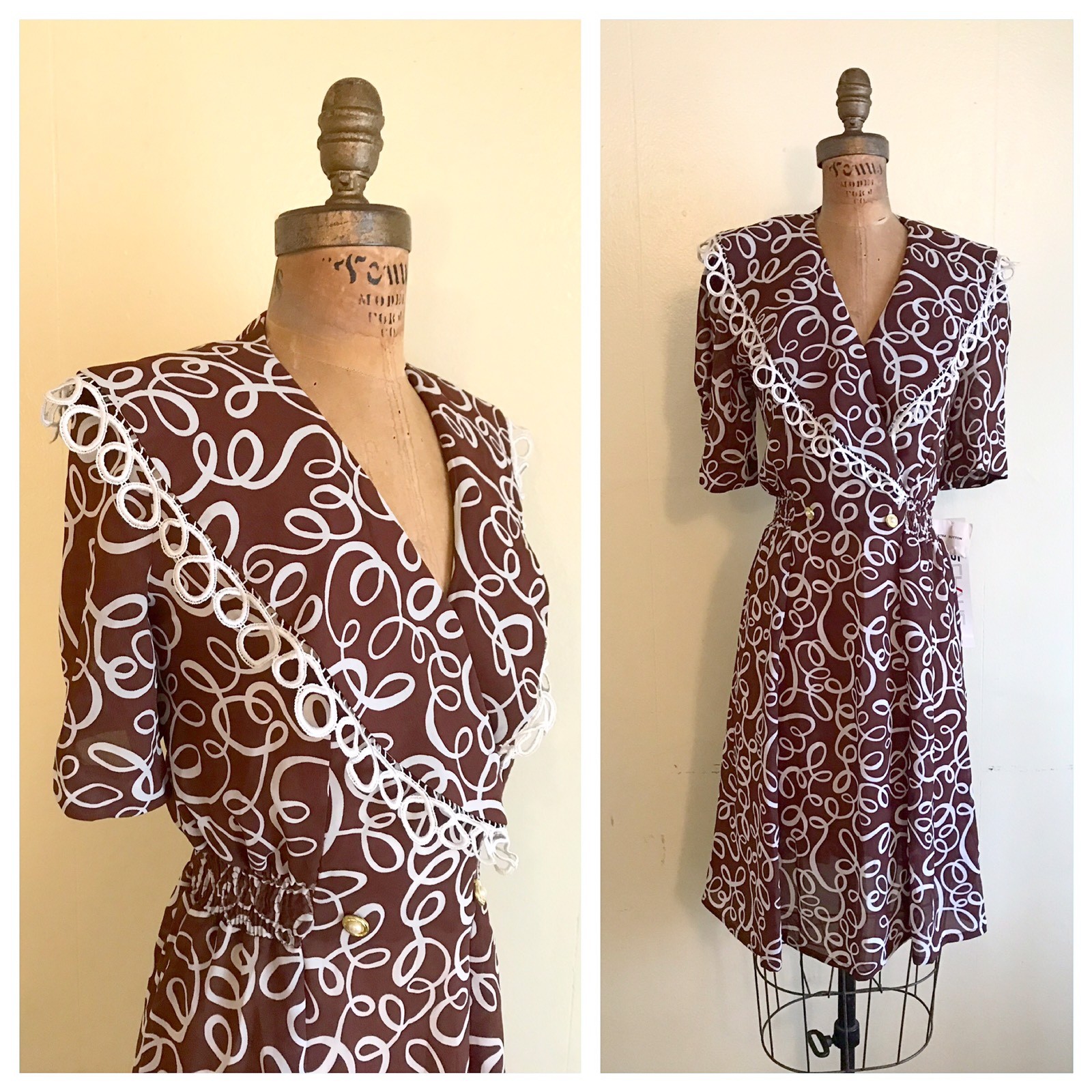 DEADSTOCK BROWN SOUTACHE 80’s 80s Vintage Double Breasted 40’s Style Dress M L