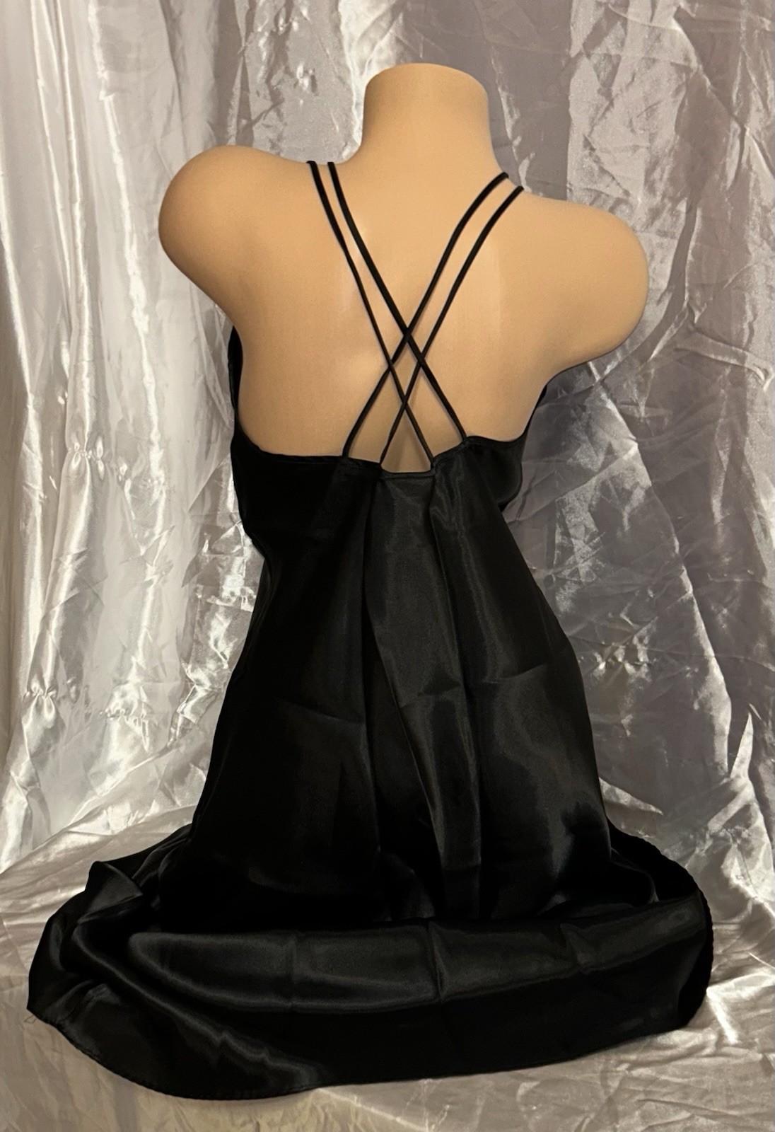 SEARS INTIMO AMORE Black Shiny Satin Sheer Embroidery Lace Long Nightgown M NWOT