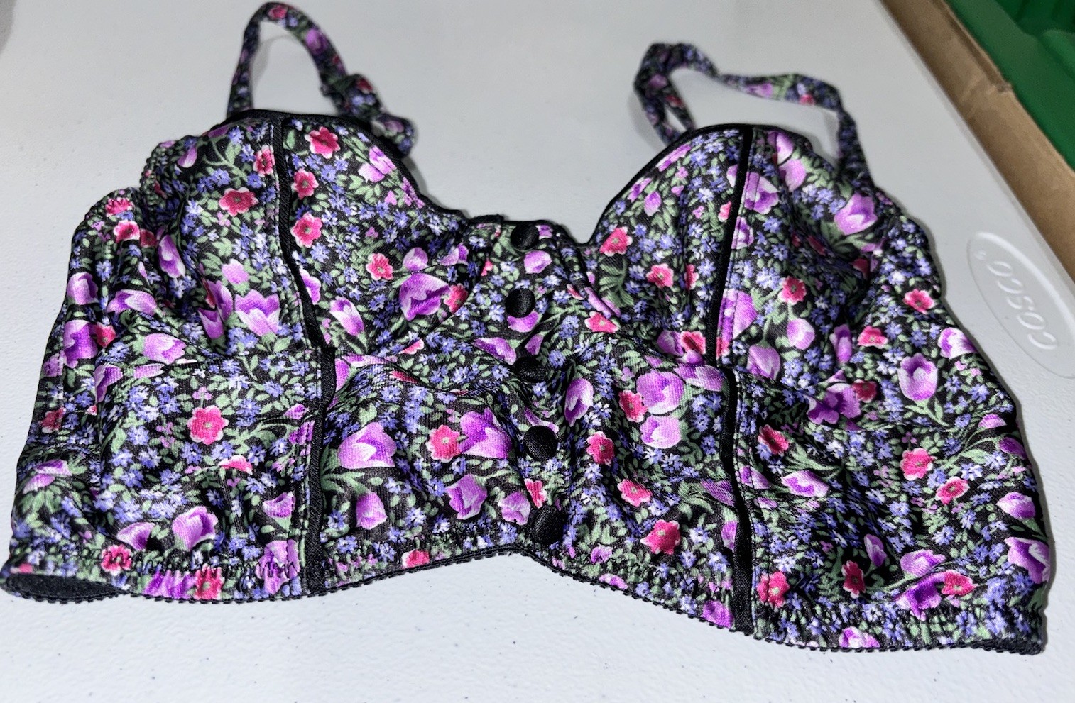 Vtg 80’s Delicates Shiny Floral Print Balconette Bustier Longline Bra SZ 32B