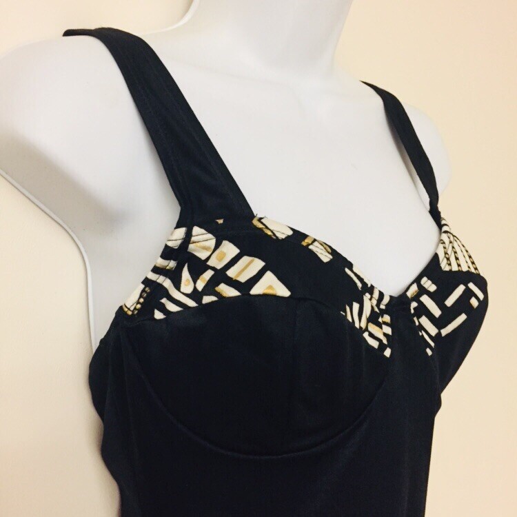 Christina Black White Gold Balconette One Piece Swimsuit Vintage 1980s Size 14