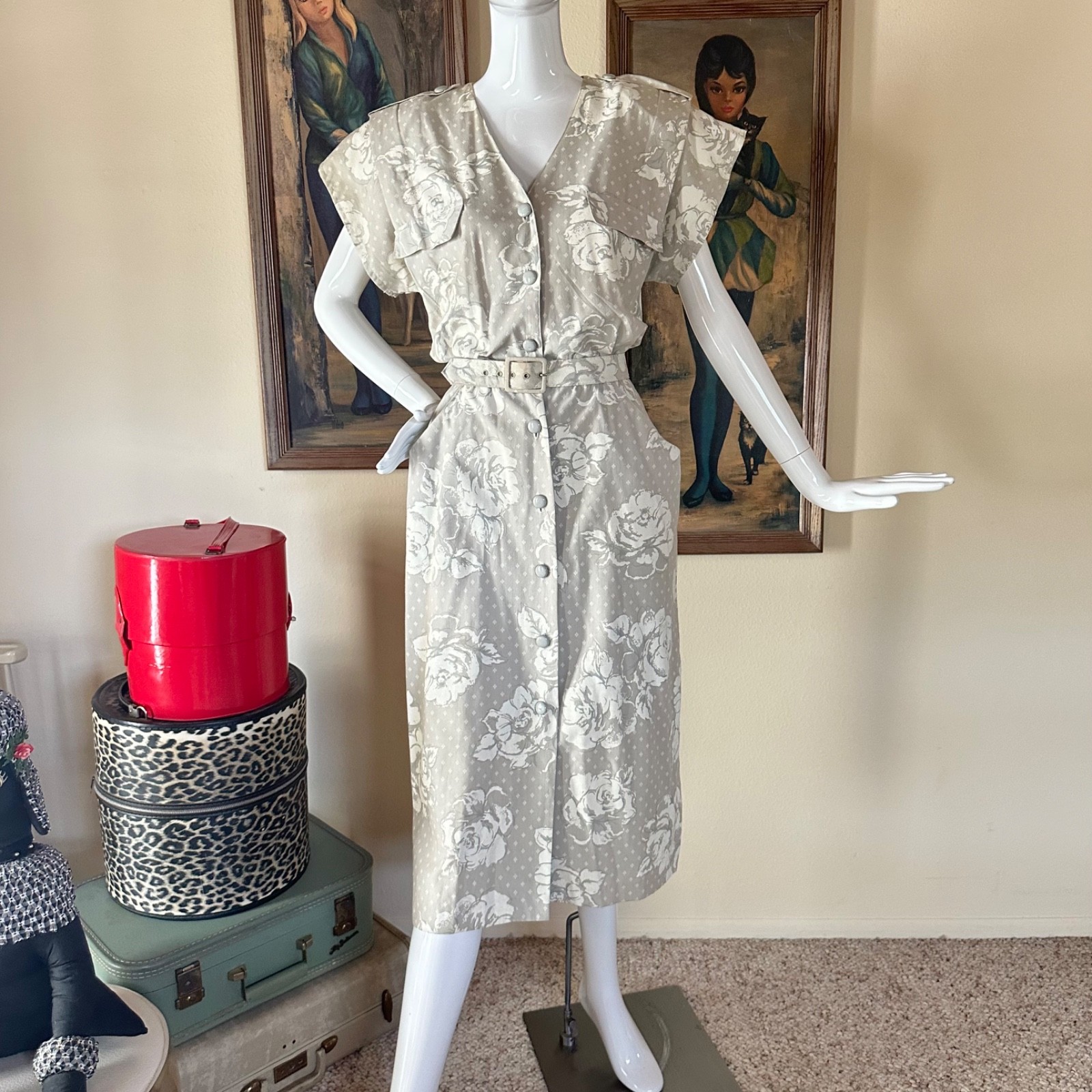 Vintage 1980s Sally Lou Safari Khaki Floral Dot Shirtwaist Wiggle Dress XL