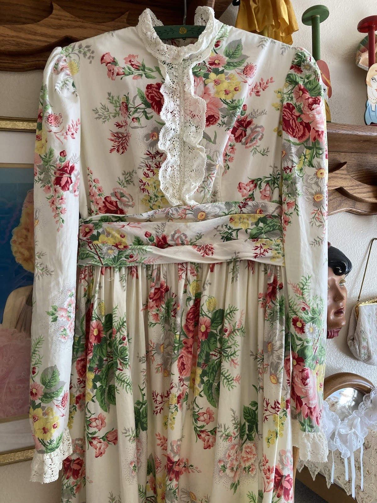 1970s Dreamy Floral Lace & Ruffle Maxi Dress, Bust 34in
