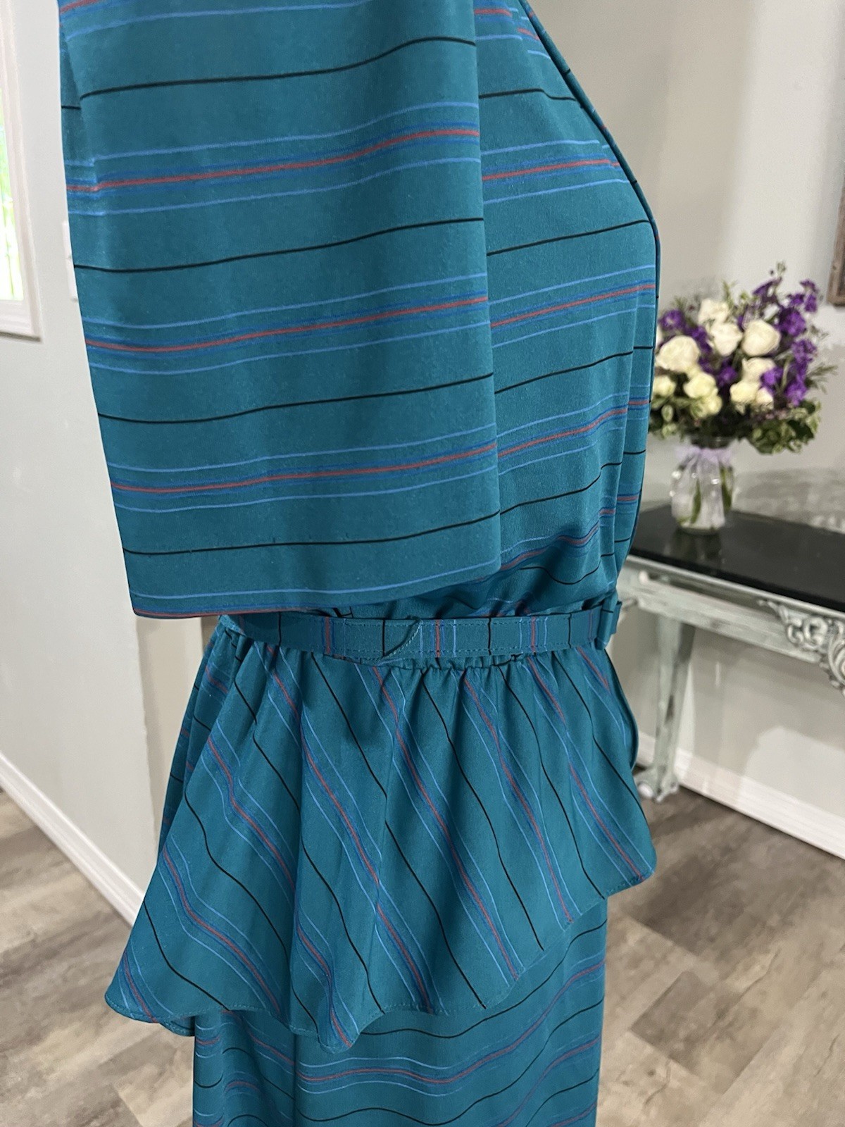 Vintage David Robin by Yvette Teal Peplum Polyester Dress Size 11/12