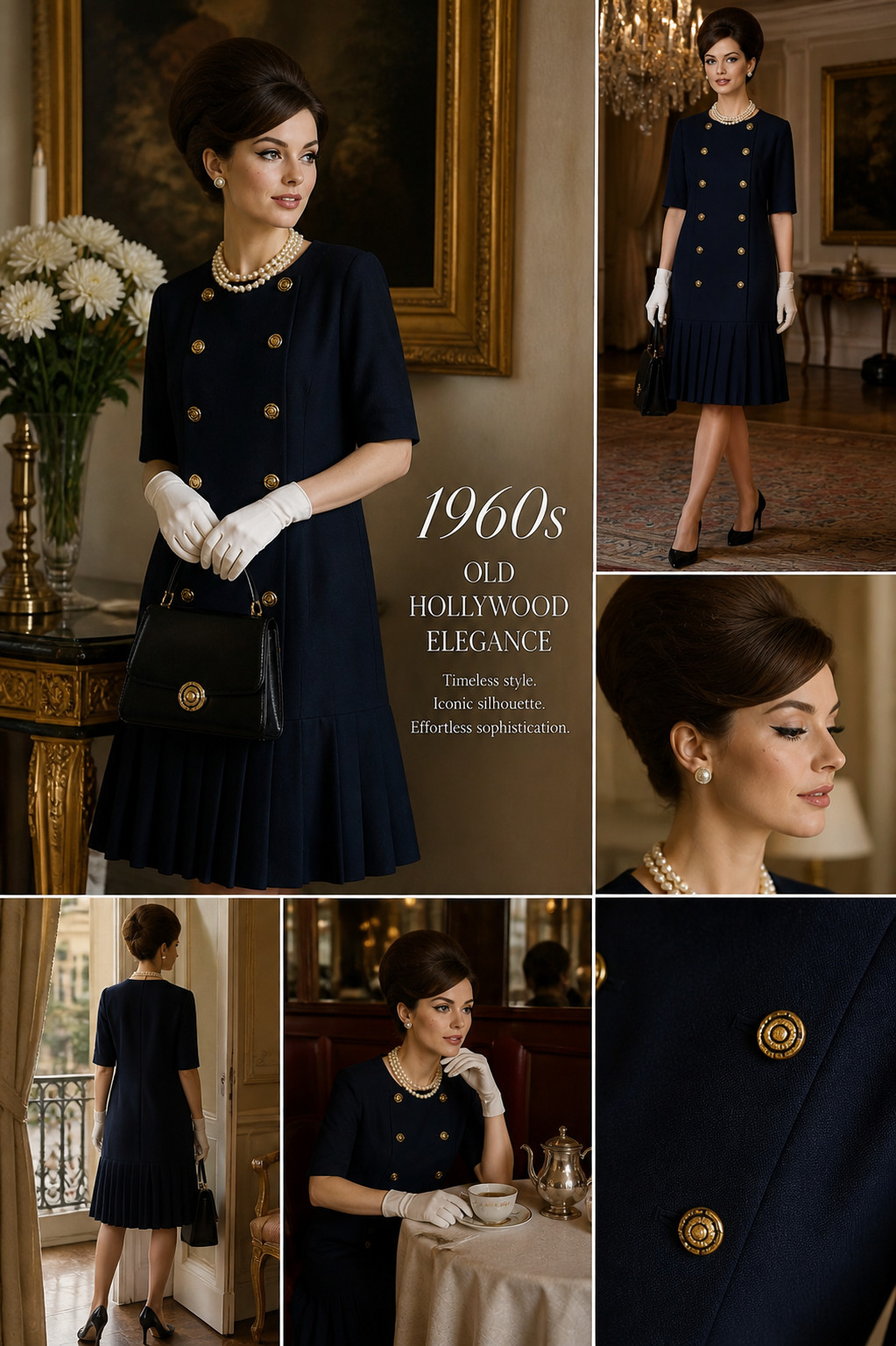 60s Franz Haushofer Dress Virgin Wool Black Blue Gold Buttons Size 40 42