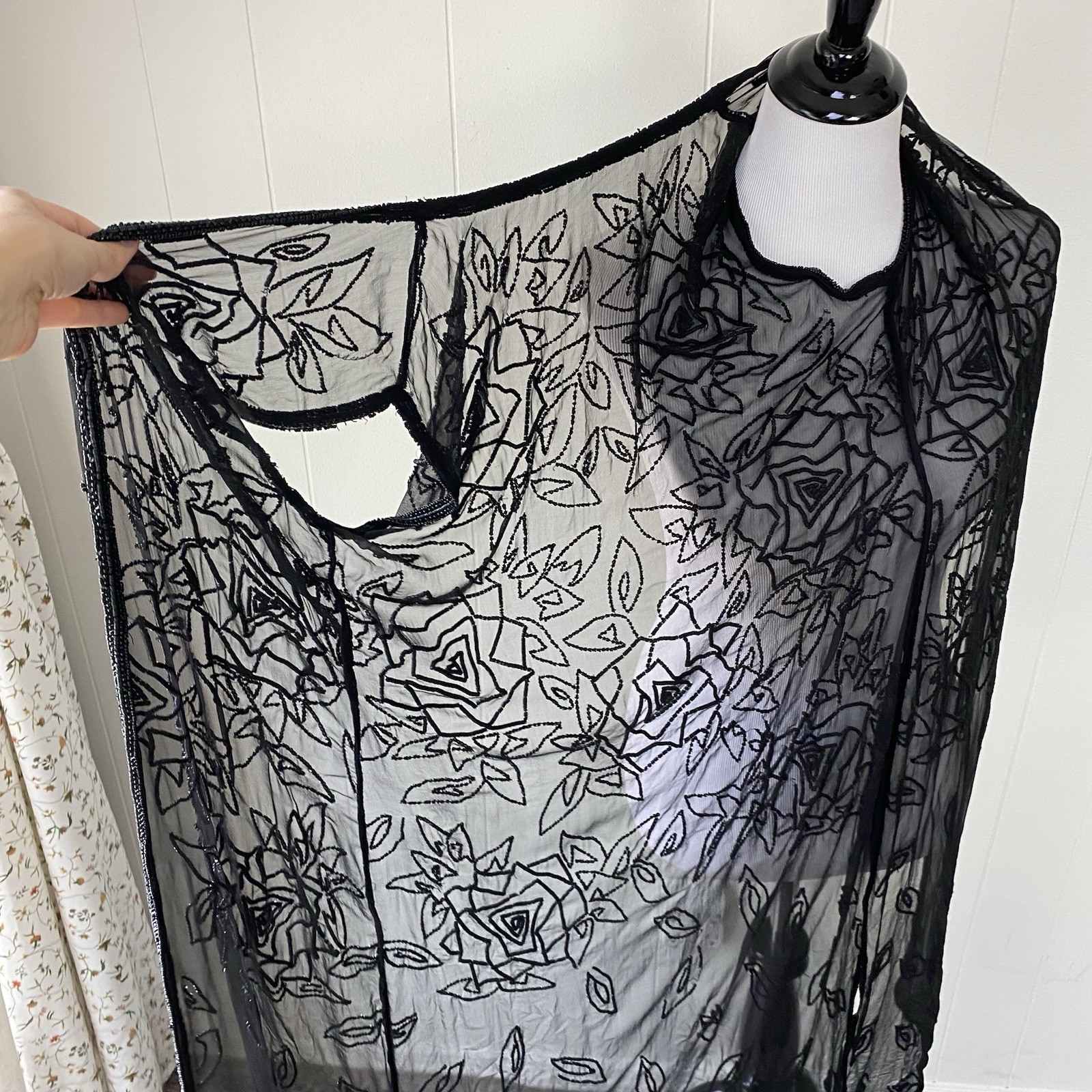 Sheer Black Beaded Duster Cardigan Whimsigoth Kimono Witchy Silk? OSFM 20″ PTP
