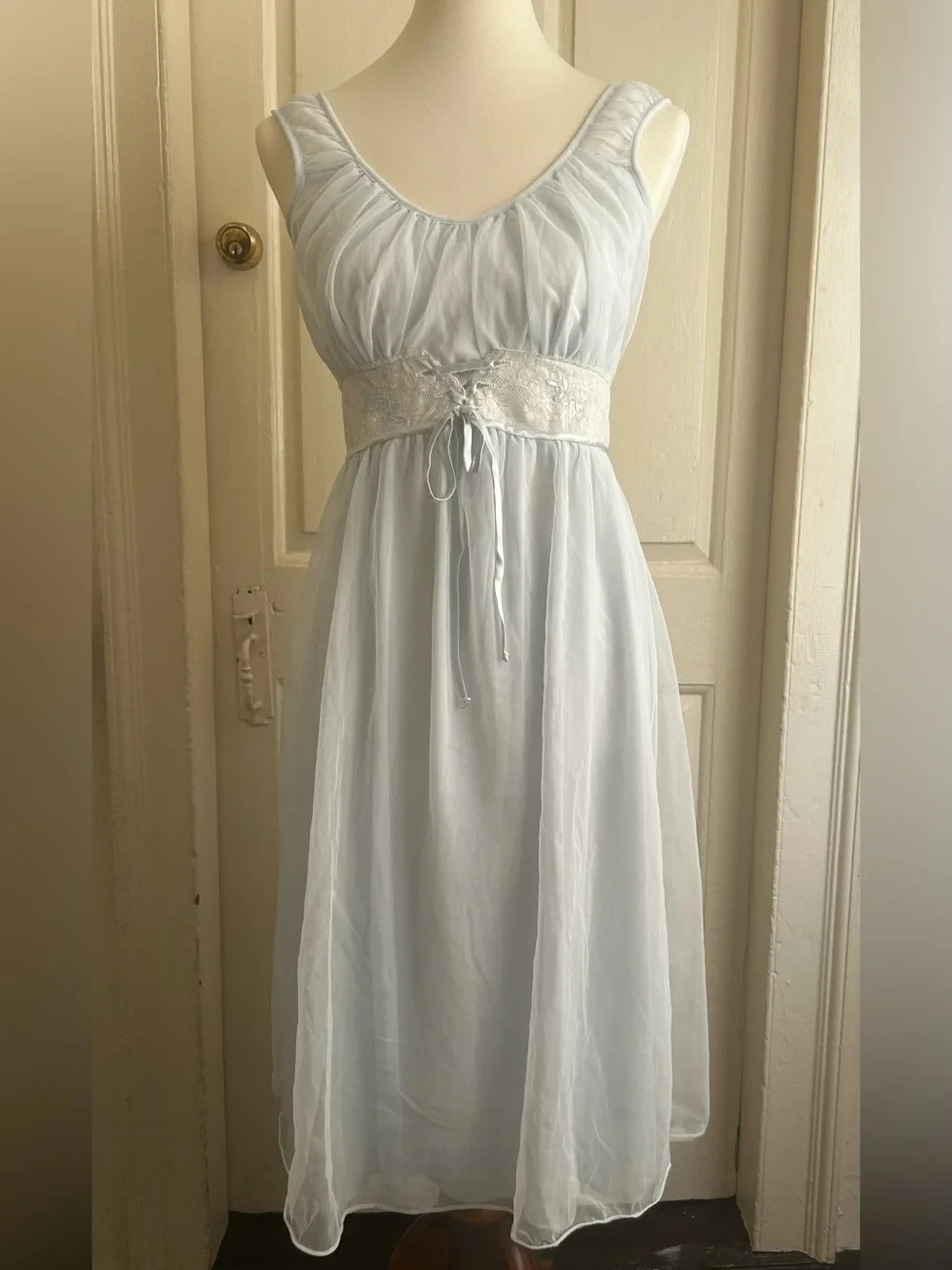 Vintage Pale Blue Chiffon Empire Waist Chemise with Ivory Lace Band XS/XXS
