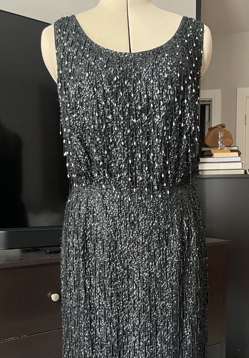 VTG 50s Beaded Fringe Sequin Wiggle Cocktail Dress Size 6-8